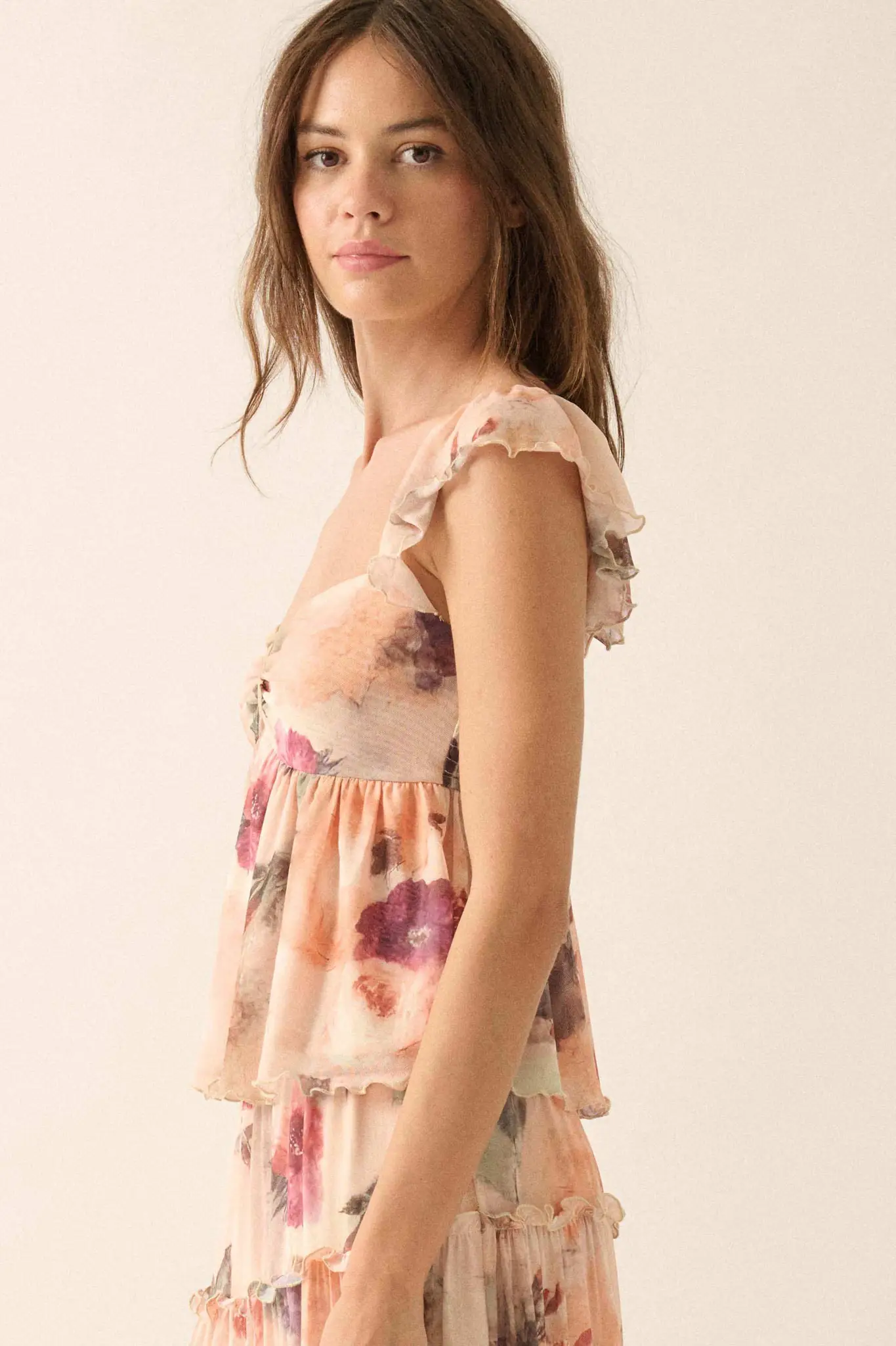 First Blush Floral Mesh Ruffle Babydoll Cami Top - Image 6