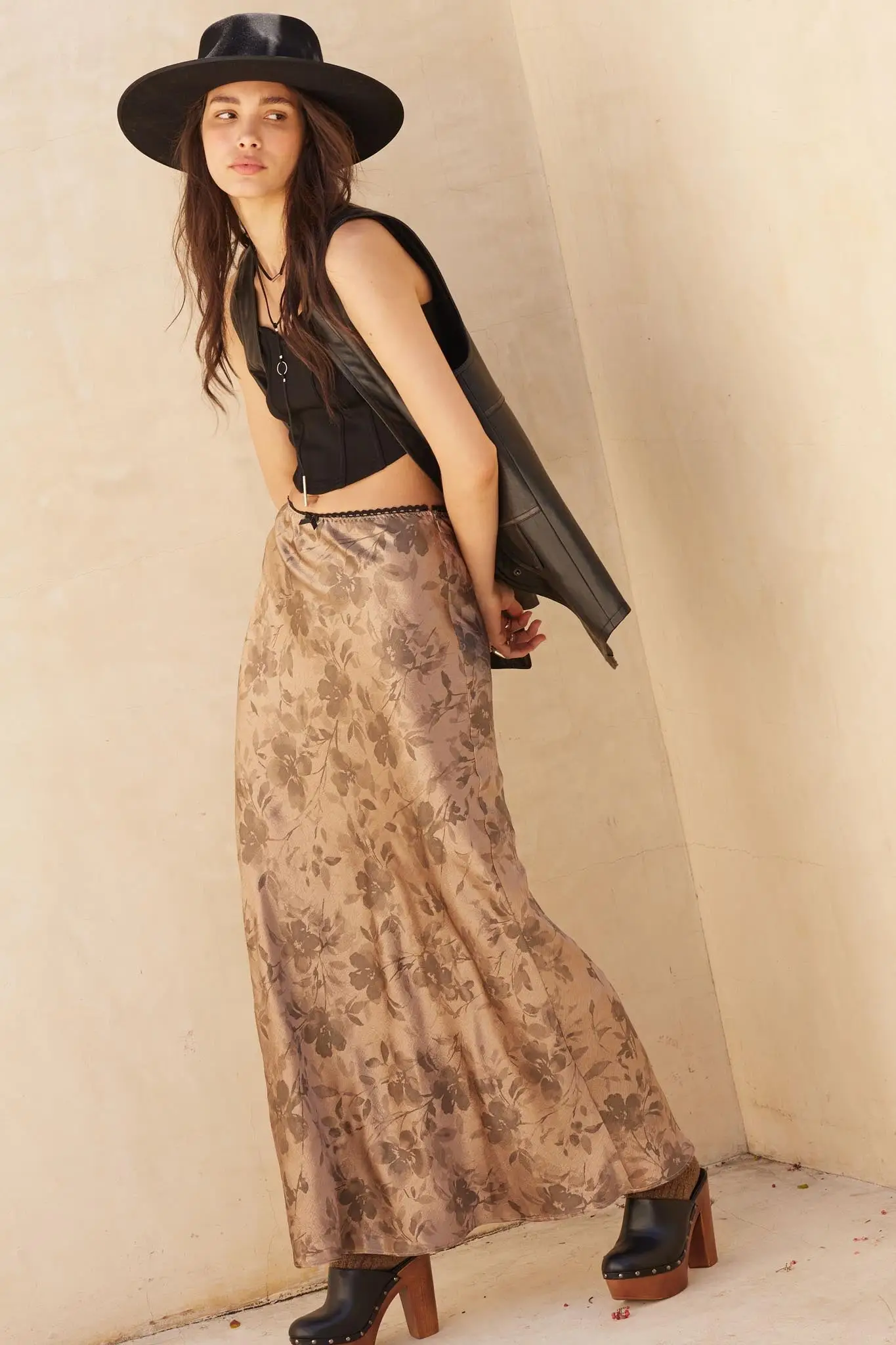 Flashy Flowers Floral Satin Maxi Skirt