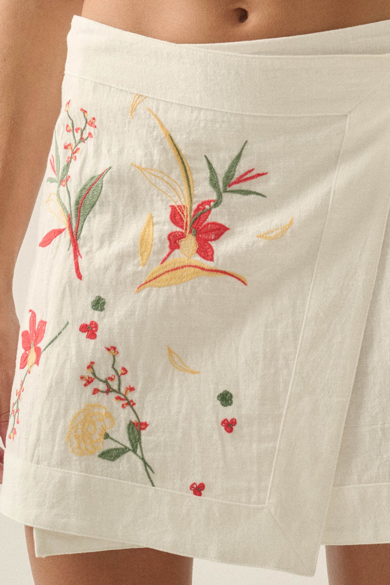 Floral Fantasy Embroidered Cotton Wrap Mini Skirt - Image 4