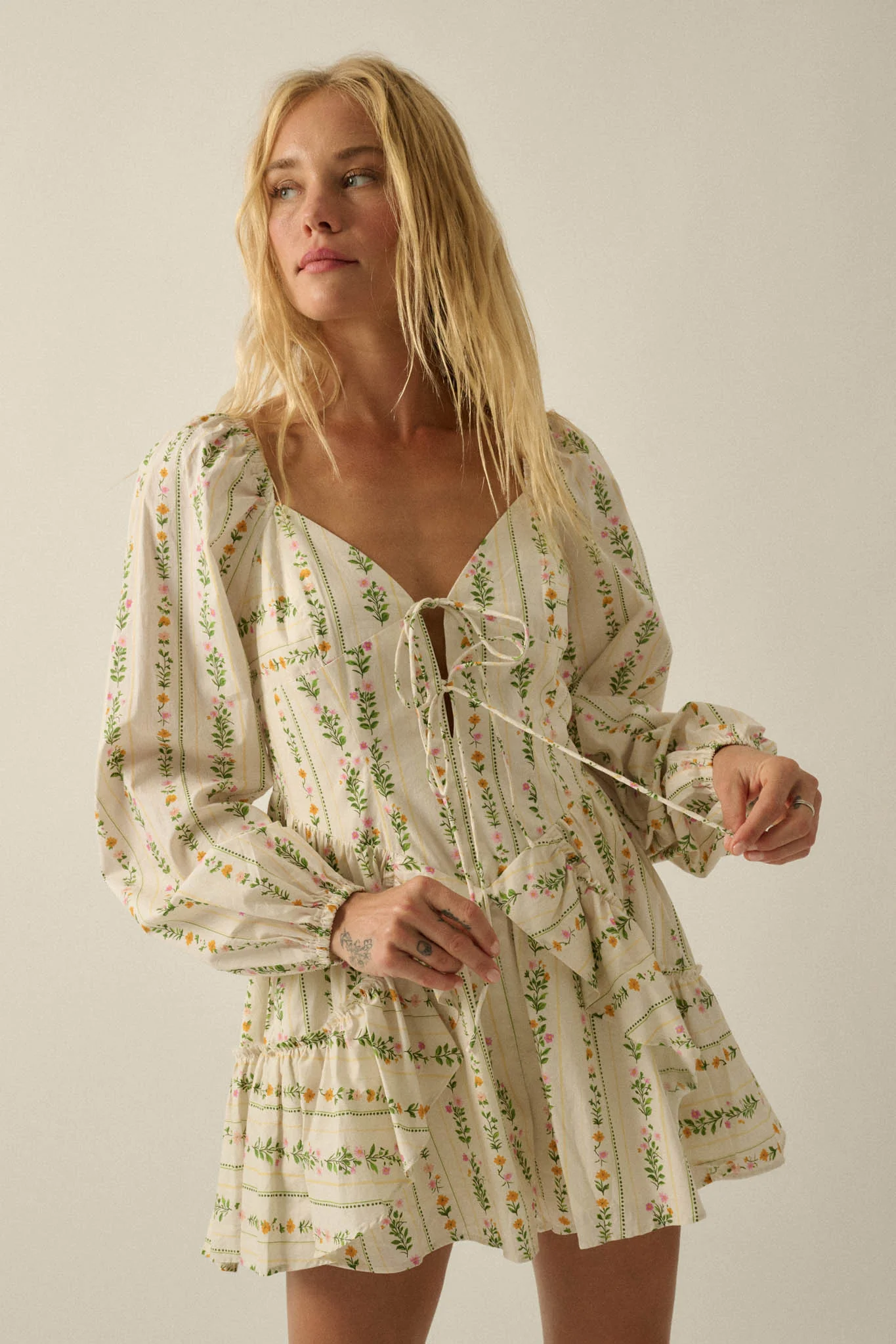 Floral Fields Floral-Stripe Ruffled Tie-Front Romper - Image 10