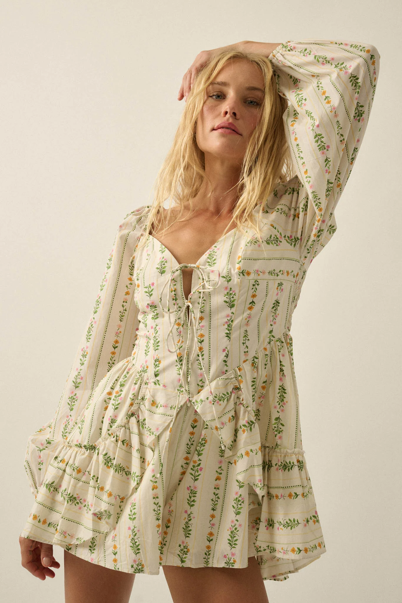 Floral Fields Floral-Stripe Ruffled Tie-Front Romper - Image 13