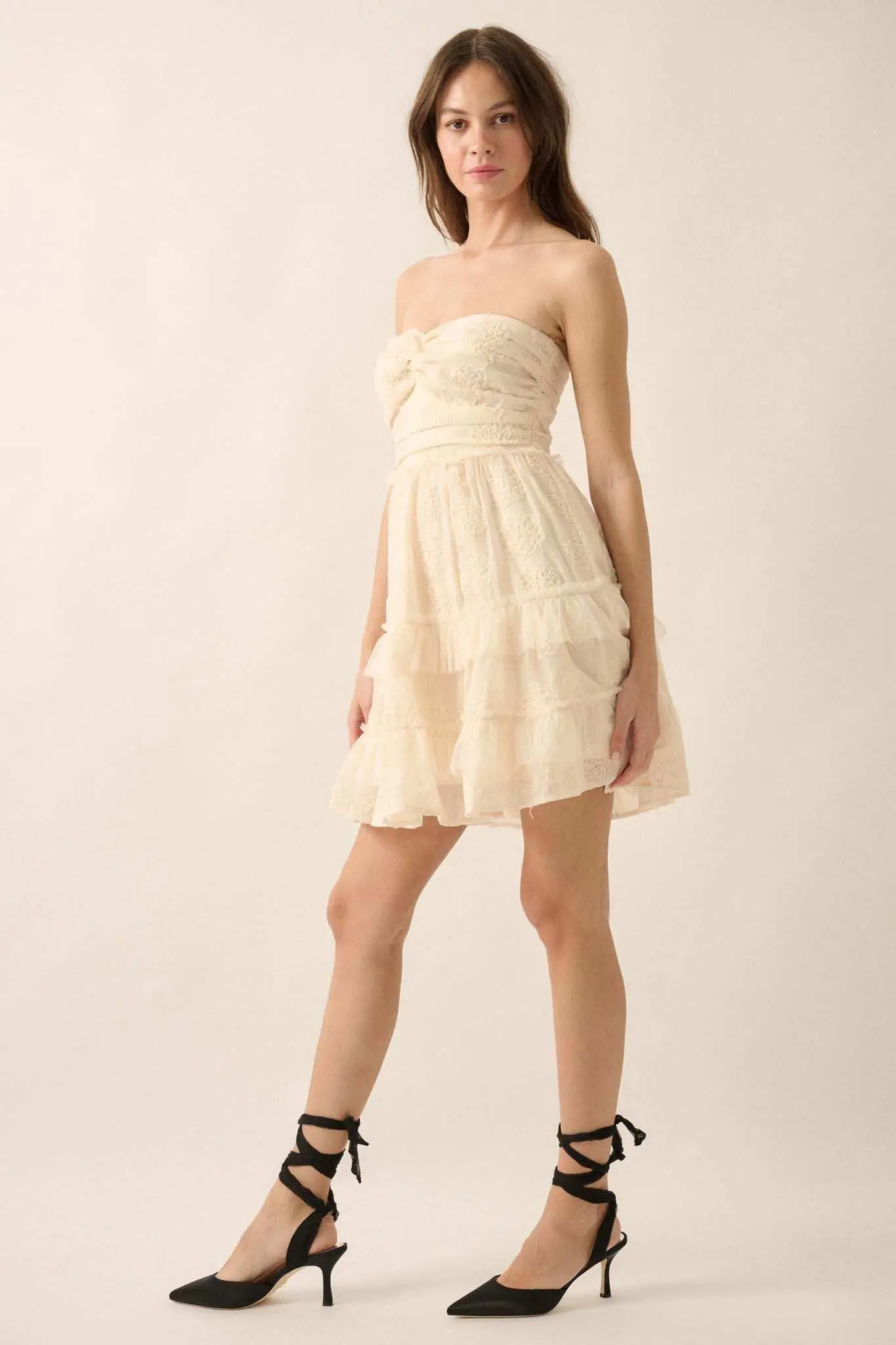 Floral Finesse Ruffled Lace Strapless Mini Dress - Image 11