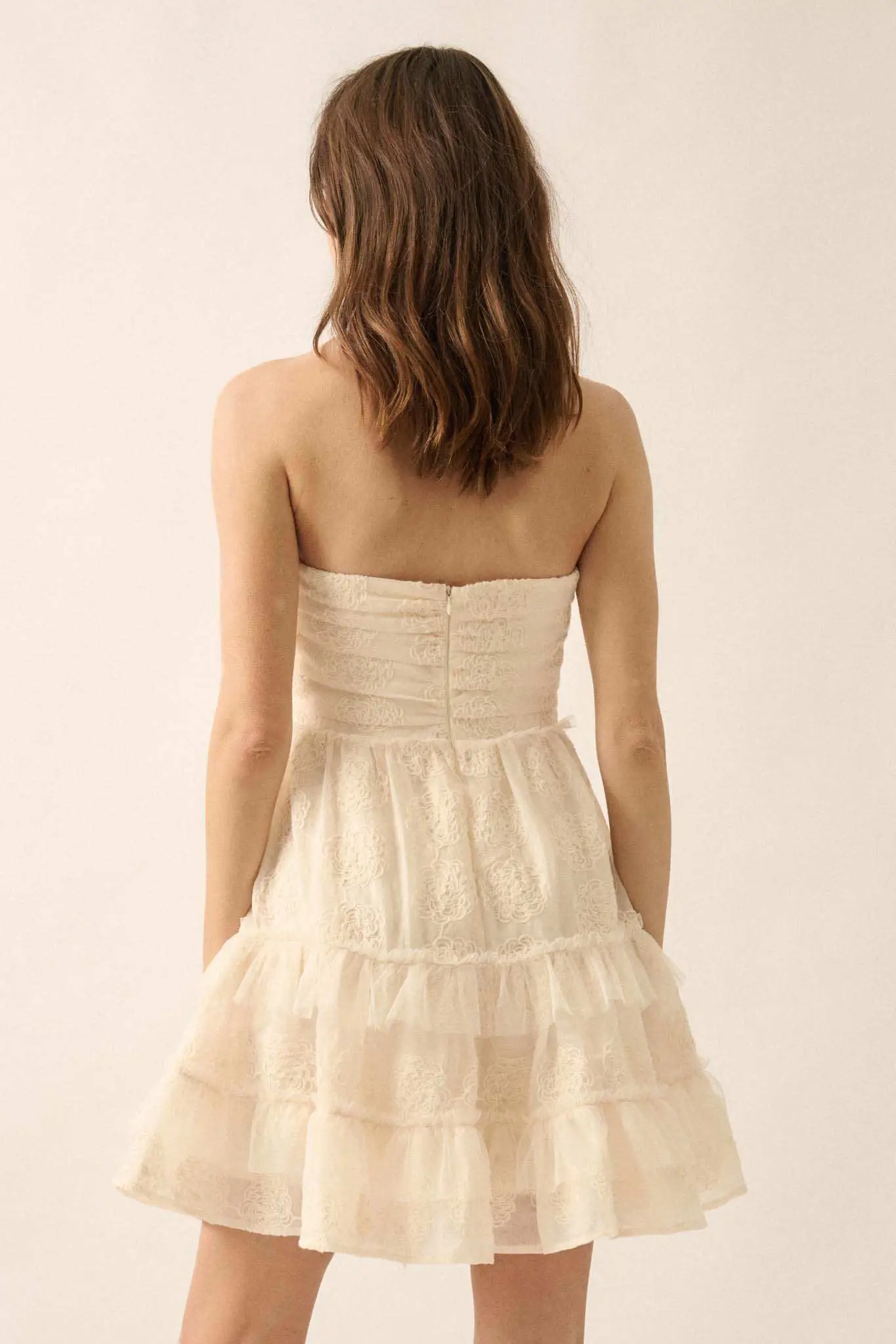 Floral Finesse Ruffled Lace Strapless Mini Dress - Image 12
