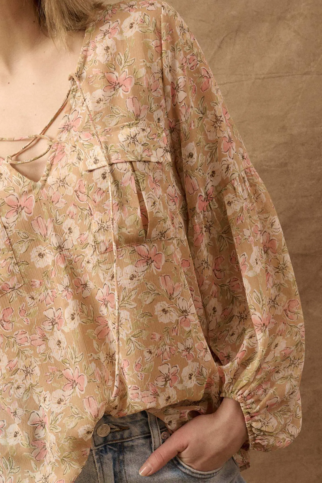Floral Flair Lace-Up Floral Chiffon Peasant Top - Image 3