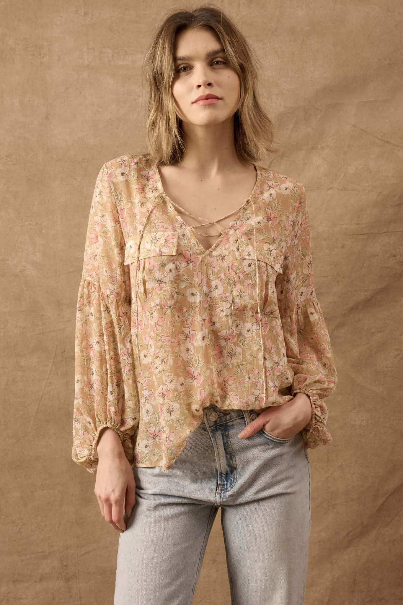 Floral Flair Lace-Up Floral Chiffon Peasant Top - Image 4
