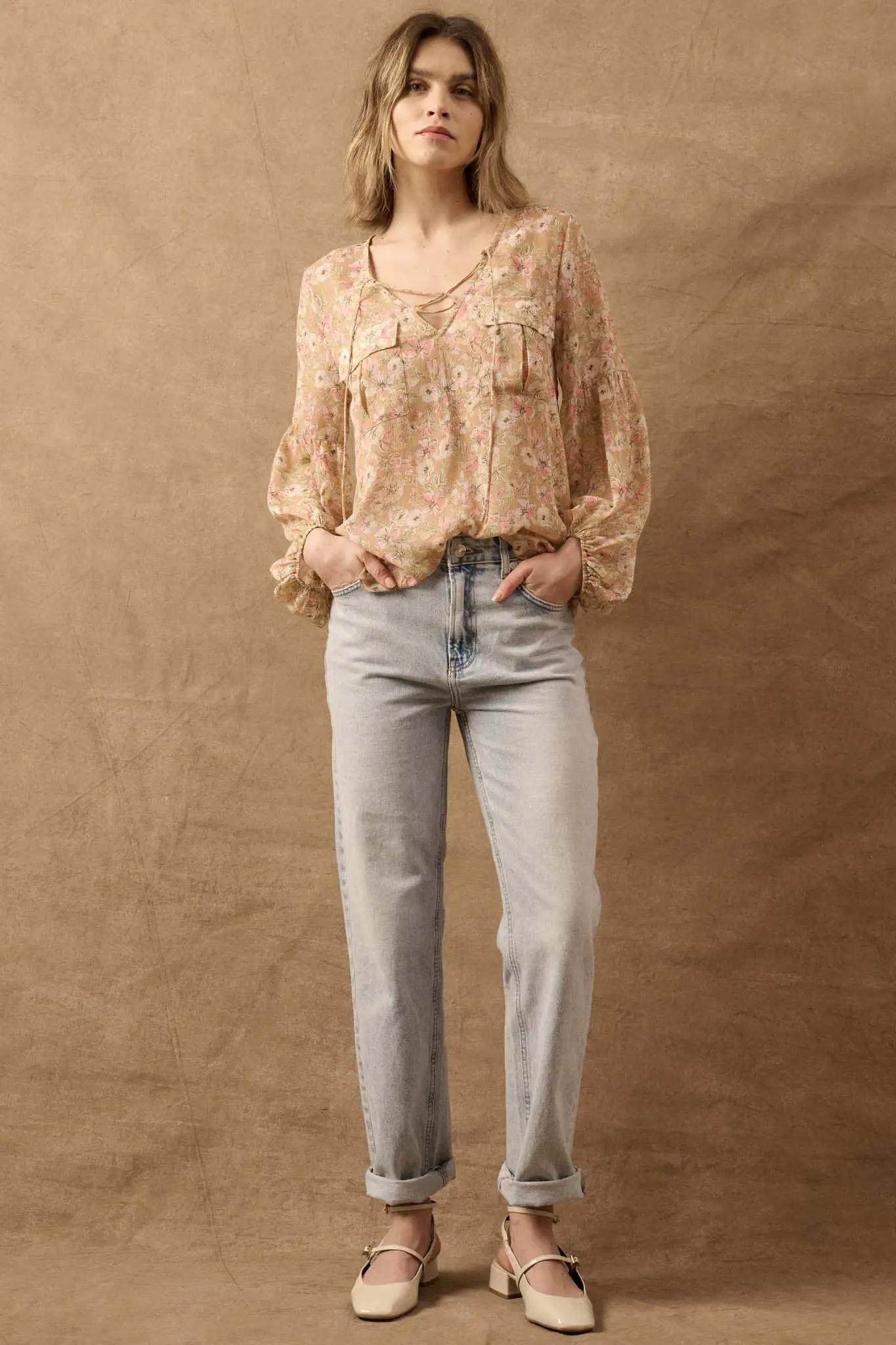Floral Flair Lace-Up Floral Chiffon Peasant Top - Image 5