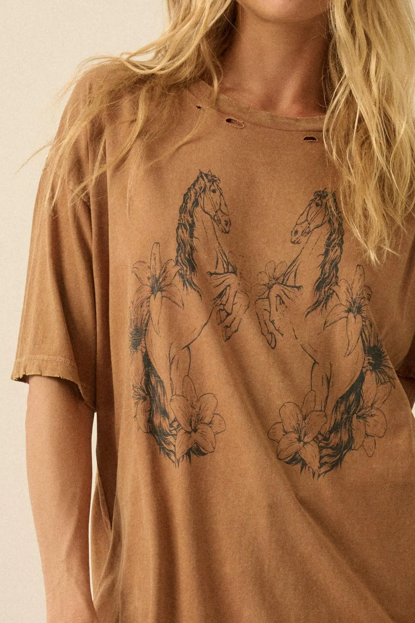 Floral Horses Distressed Oversize Graphic Tee - Image 2
