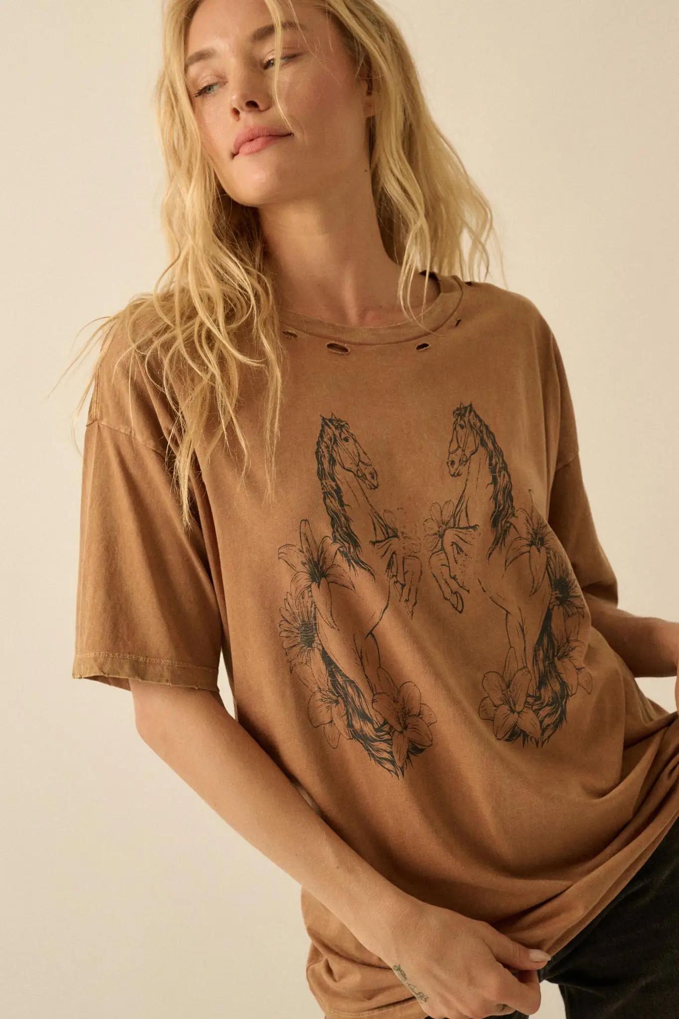 Floral Horses Distressed Oversize Graphic Tee - Image 4