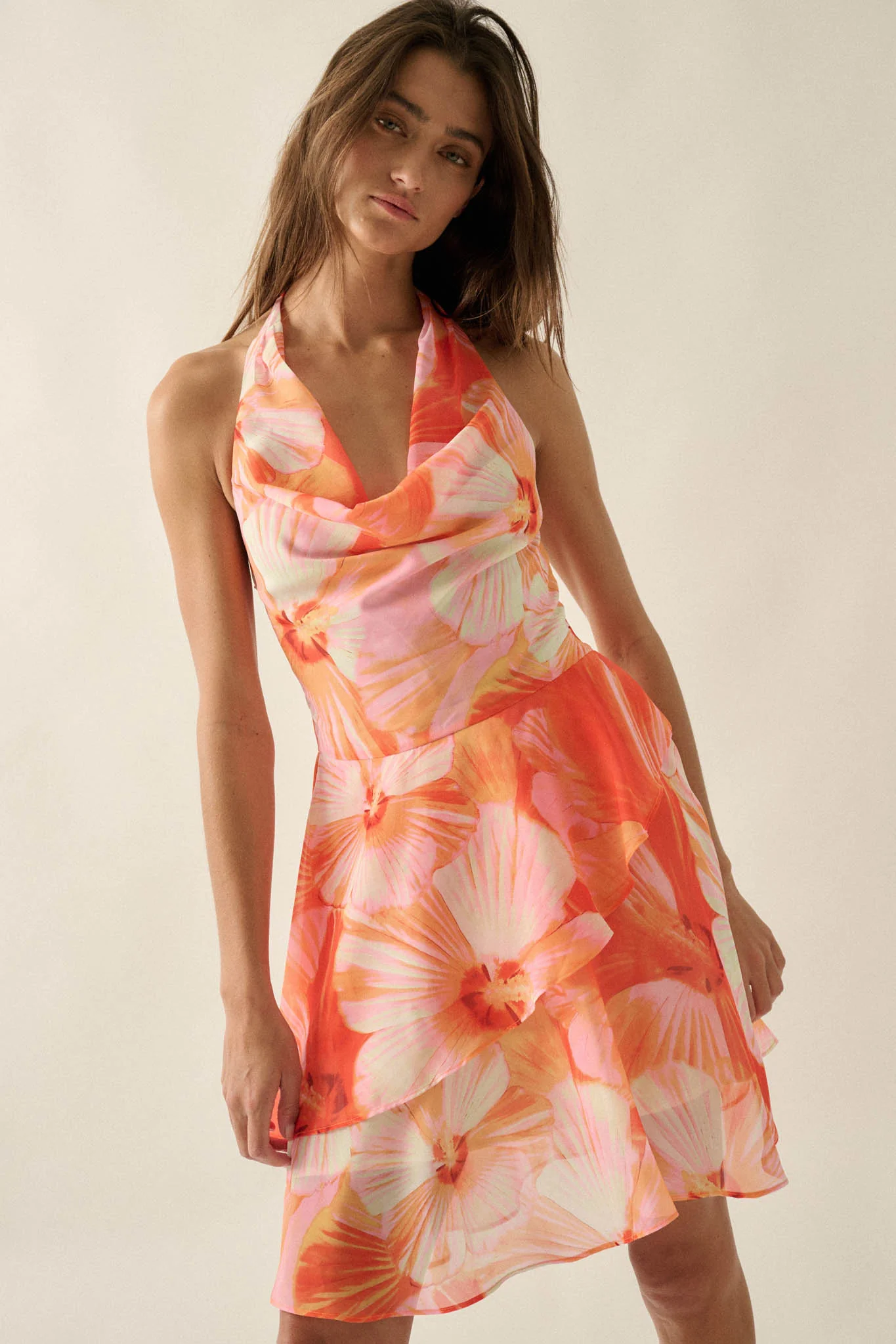 Floral Shores Floral Chiffon Cowl-Neck Mini Dress
