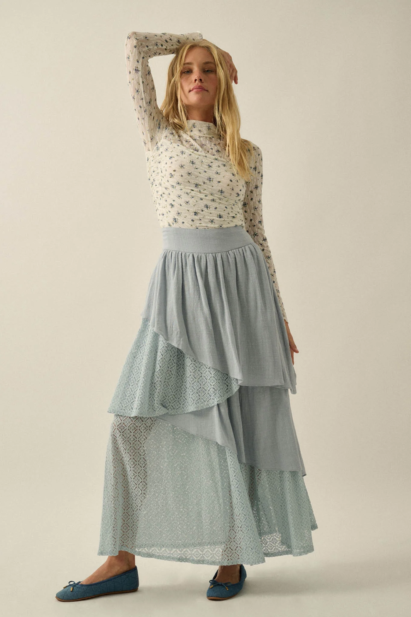 Flow Free Tiered Cotton Gauze and Lace Maxi Skirt - Image 13