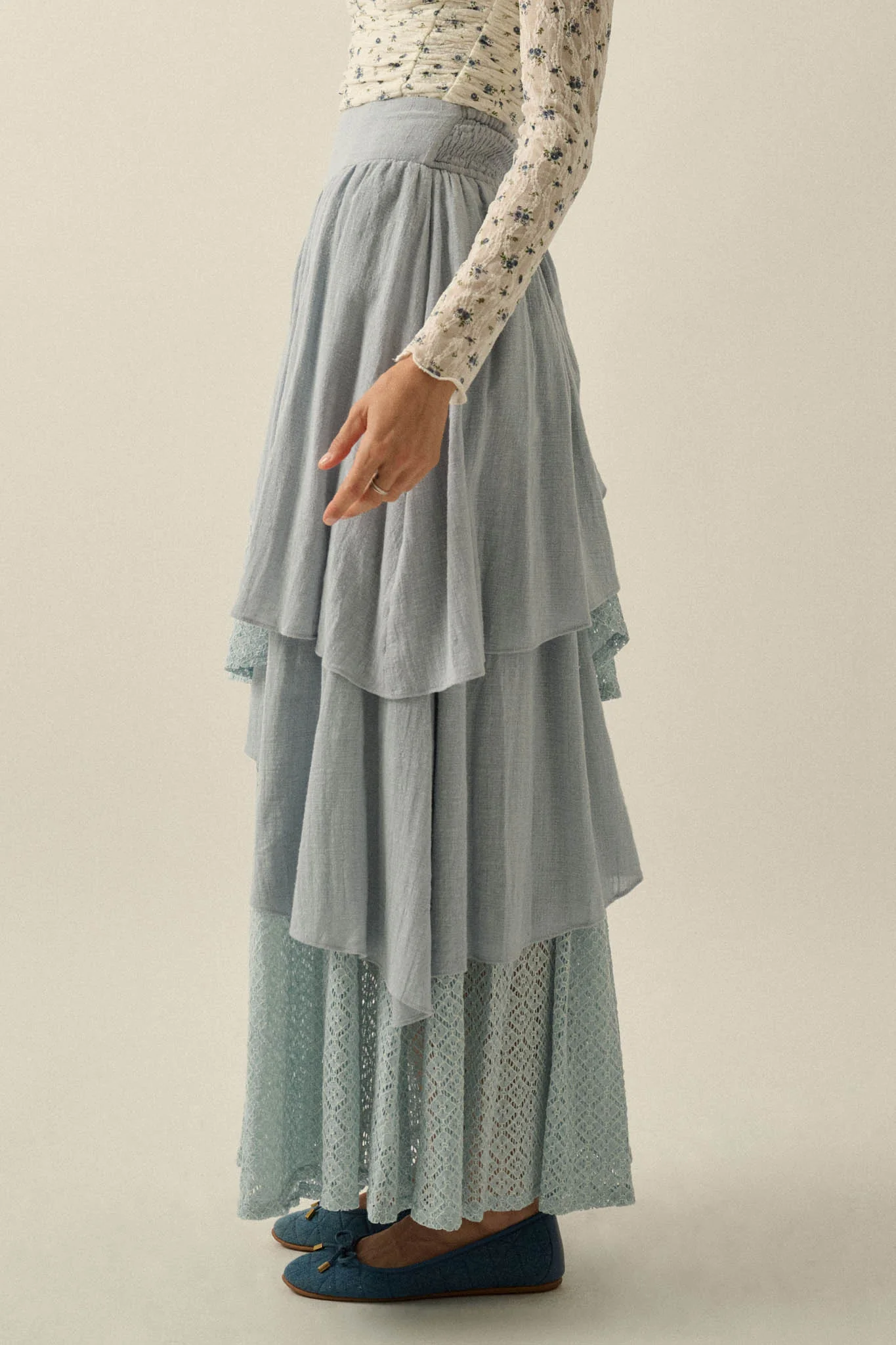 Flow Free Tiered Cotton Gauze and Lace Maxi Skirt - Image 14