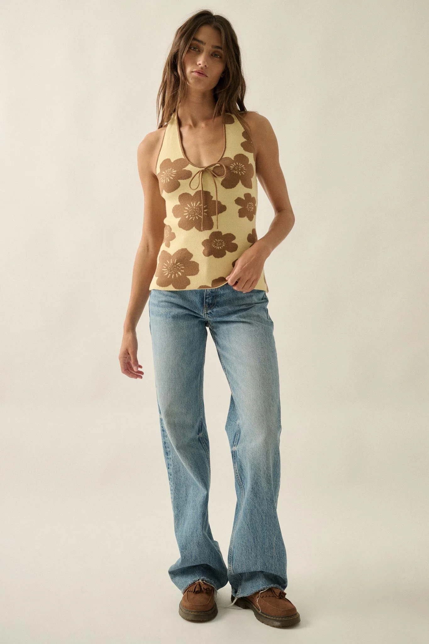 Flower Fun Floral Jacquard-Knit Sweater Halter Top - Image 2