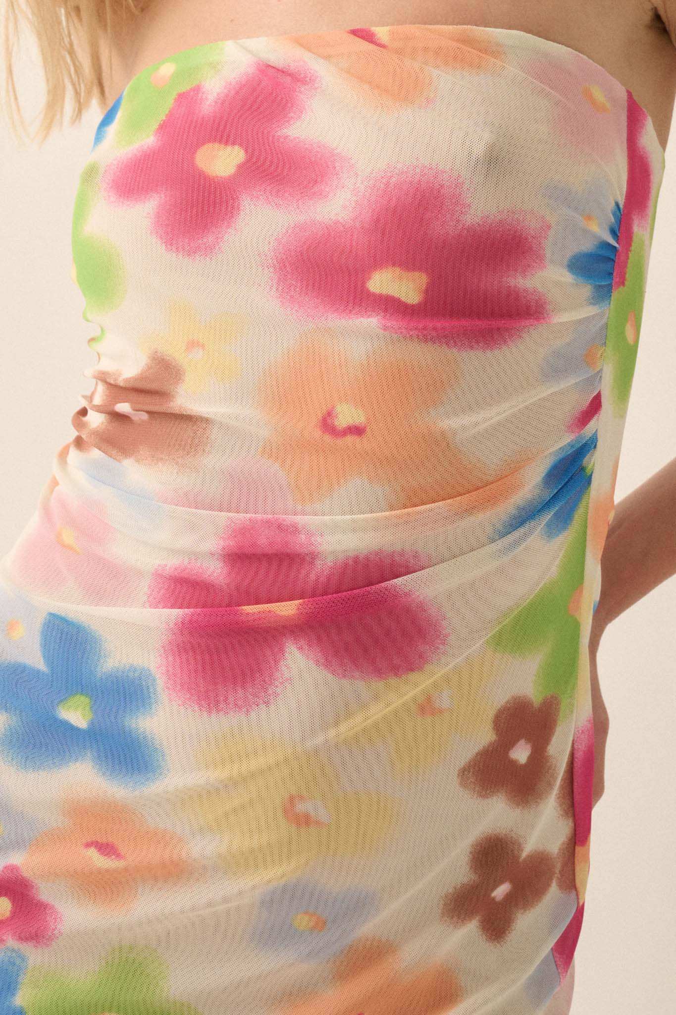 Flower Power Floral Mesh Strapless Midi Dress - Image 4