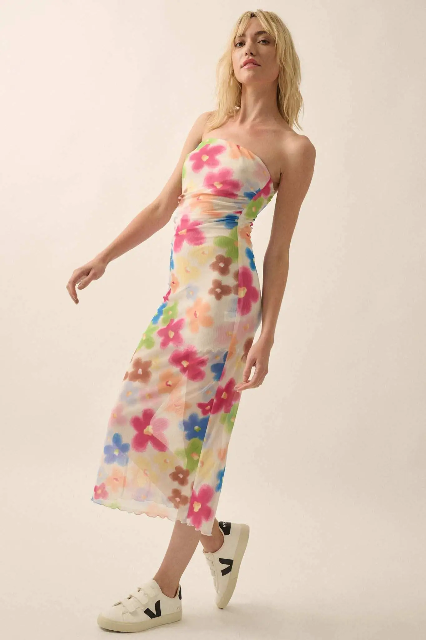 Flower Power Floral Mesh Strapless Midi Dress - Image 6