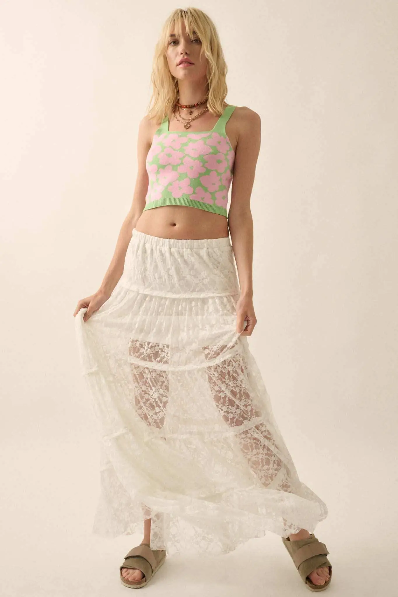 Flower Shop Floral Knit Cropped Sweater Tank Top - Image 18