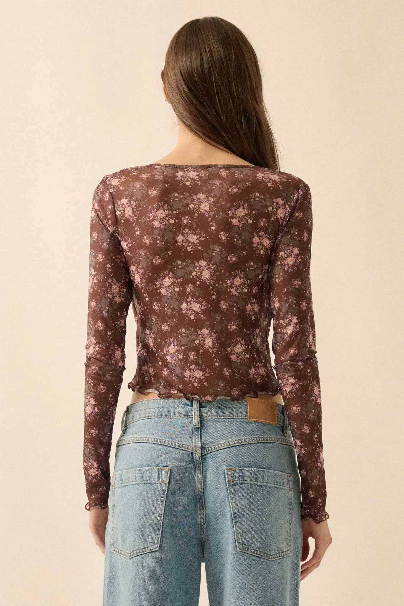 Flowering Free Floral Mesh Layered Tie-Front Top - Image 2