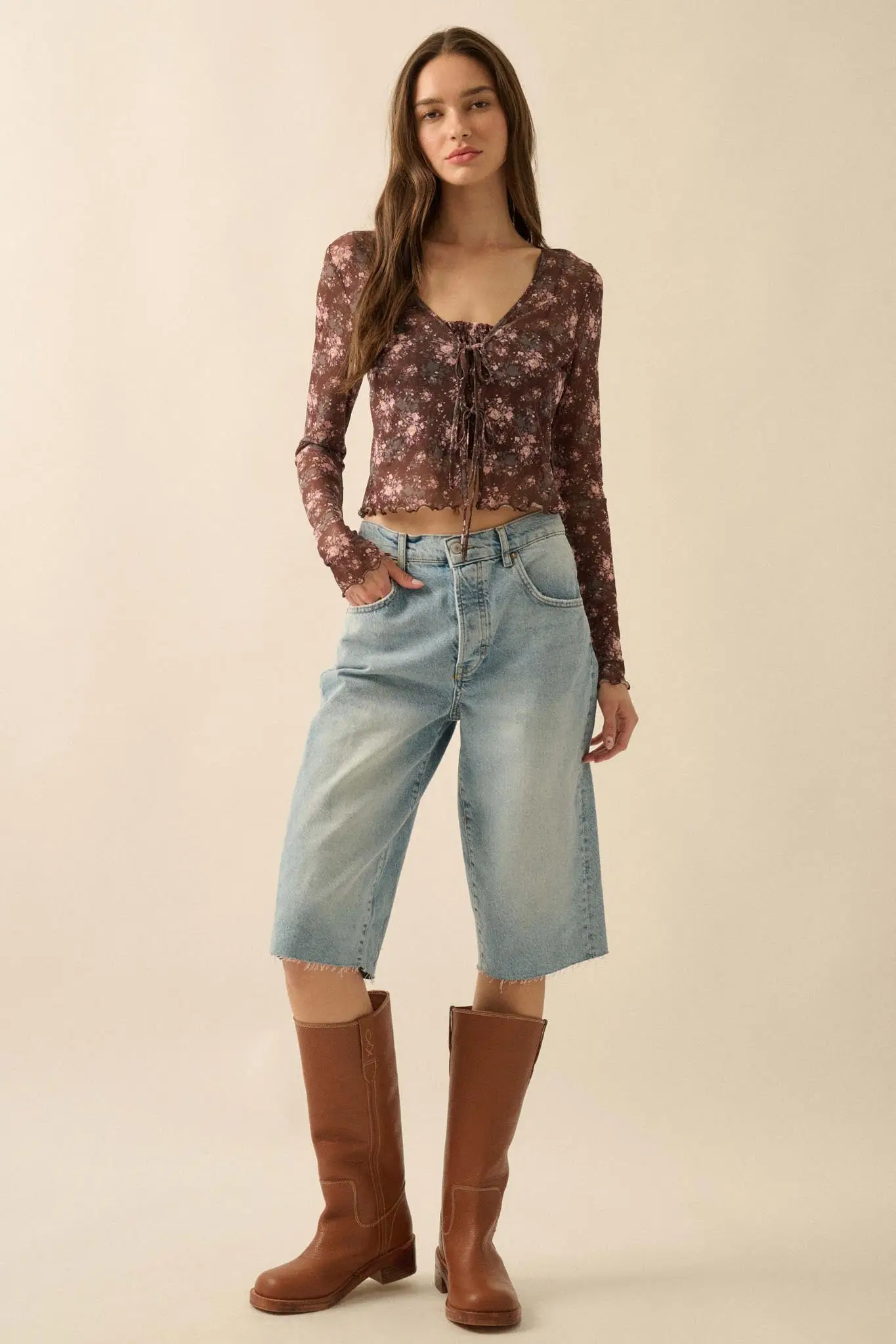 Flowering Free Floral Mesh Layered Tie-Front Top - Image 3