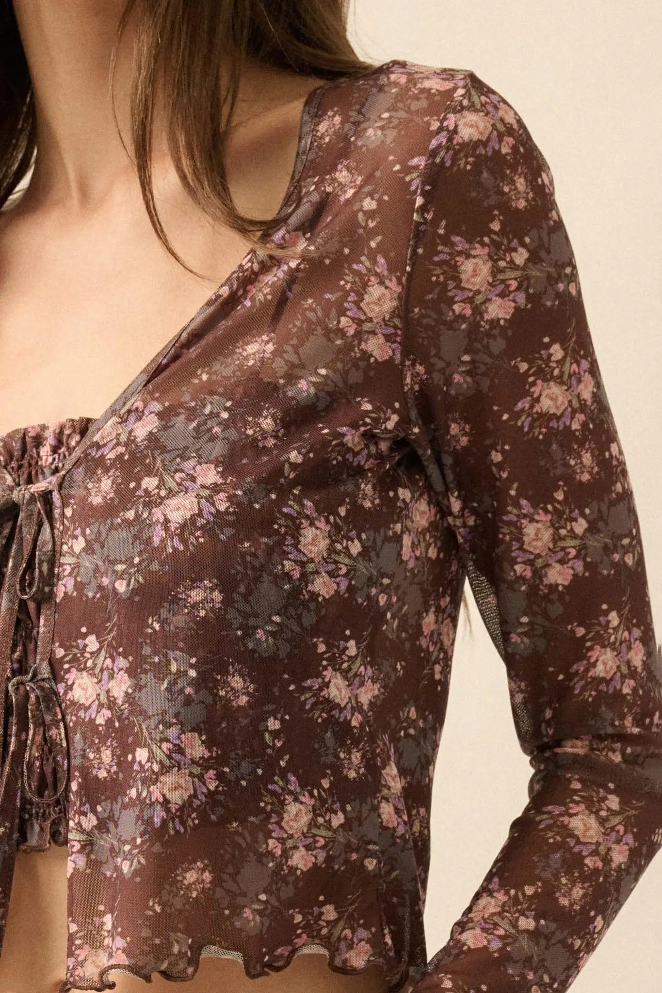 Flowering Free Floral Mesh Layered Tie-Front Top - Image 4