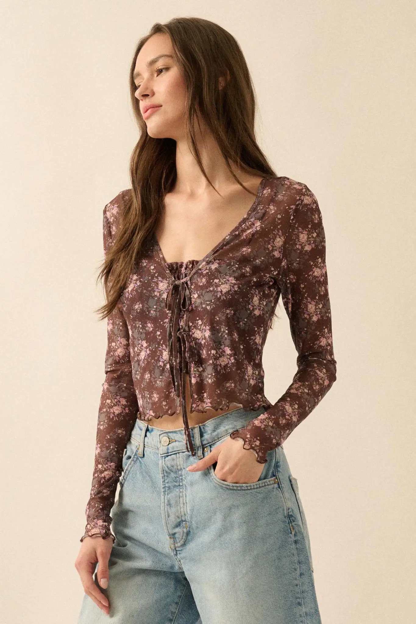 Flowering Free Floral Mesh Layered Tie-Front Top - Image 5