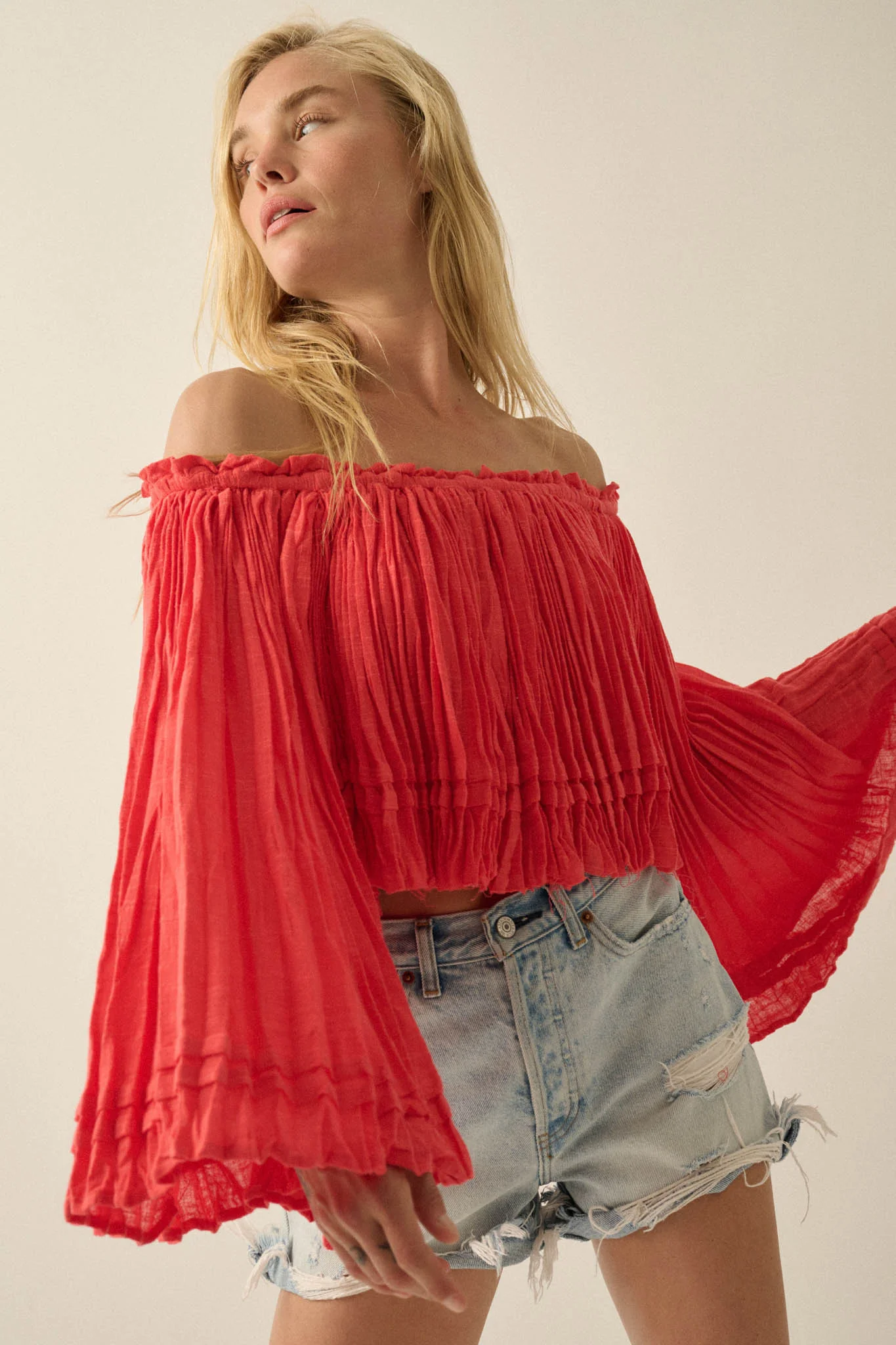Flying Free Cotton Gauze Off-Shoulder Angel-Sleeve Top - Image 7