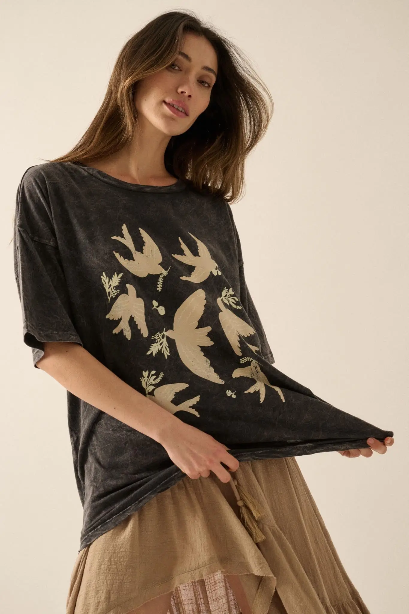 Free as a Bird Vintage-Wash Oversize Graphic Tee