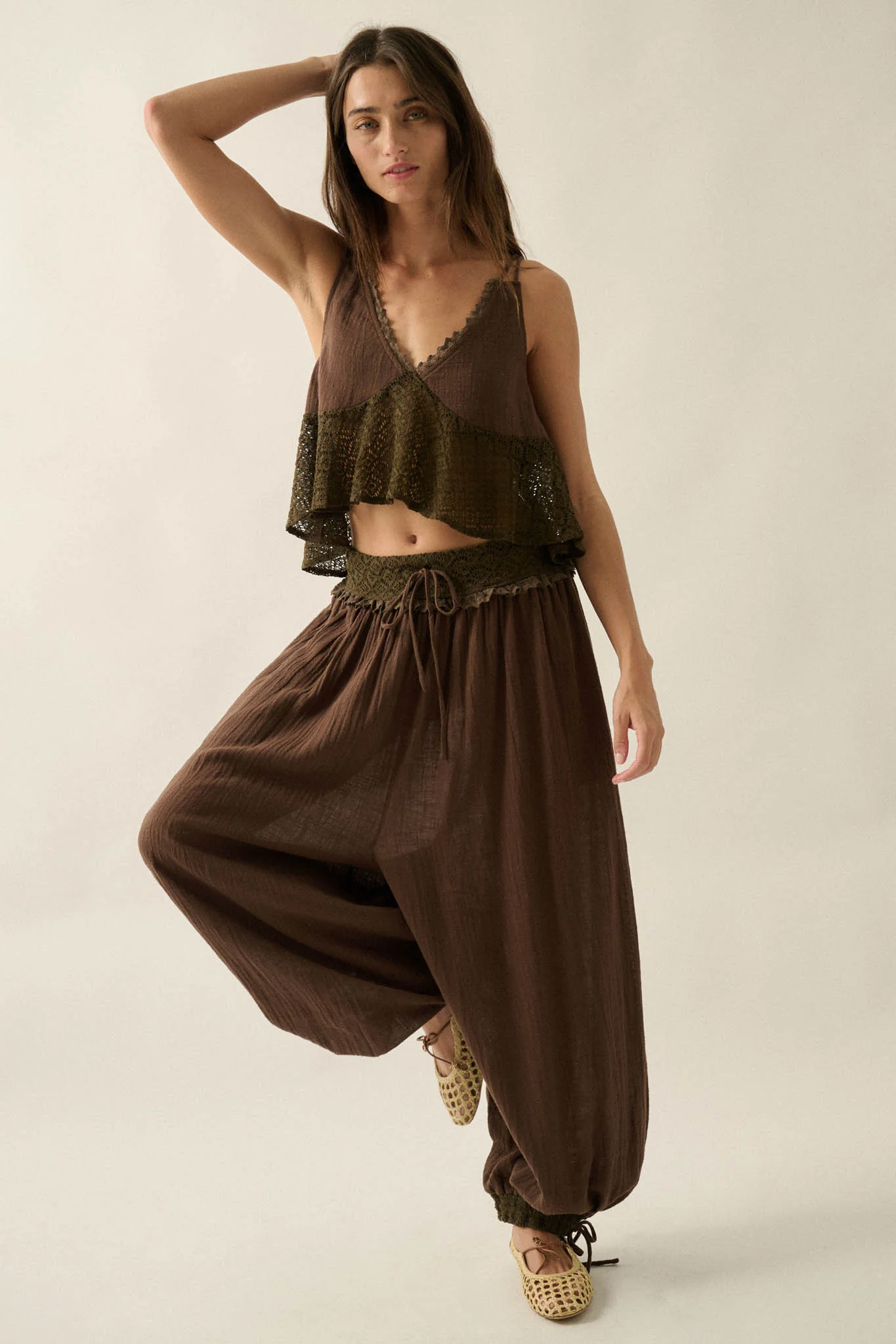 Free Falling Cotton and Lace Babydoll Cami Top - Image 3