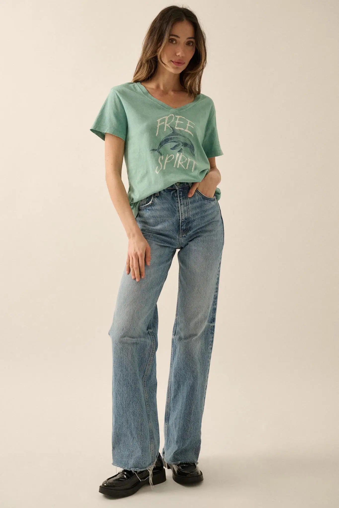 Free Spirit V-Neck Dolphin Graphic Tee - Image 3