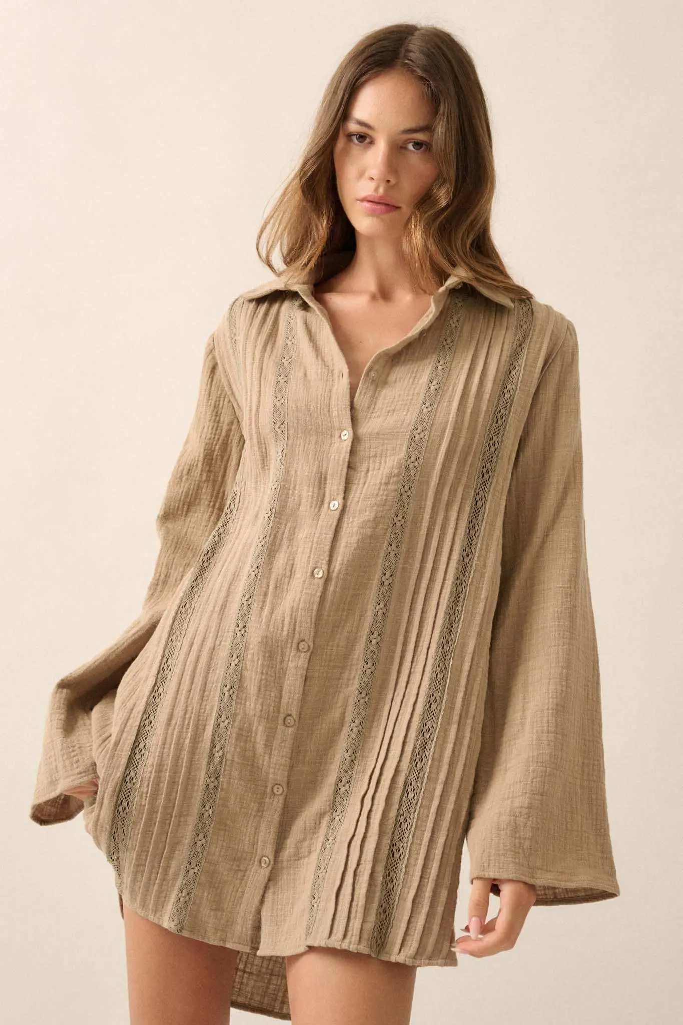 Free to Be Pleated Lace-Trim Mini Shirt Dress - Image 10