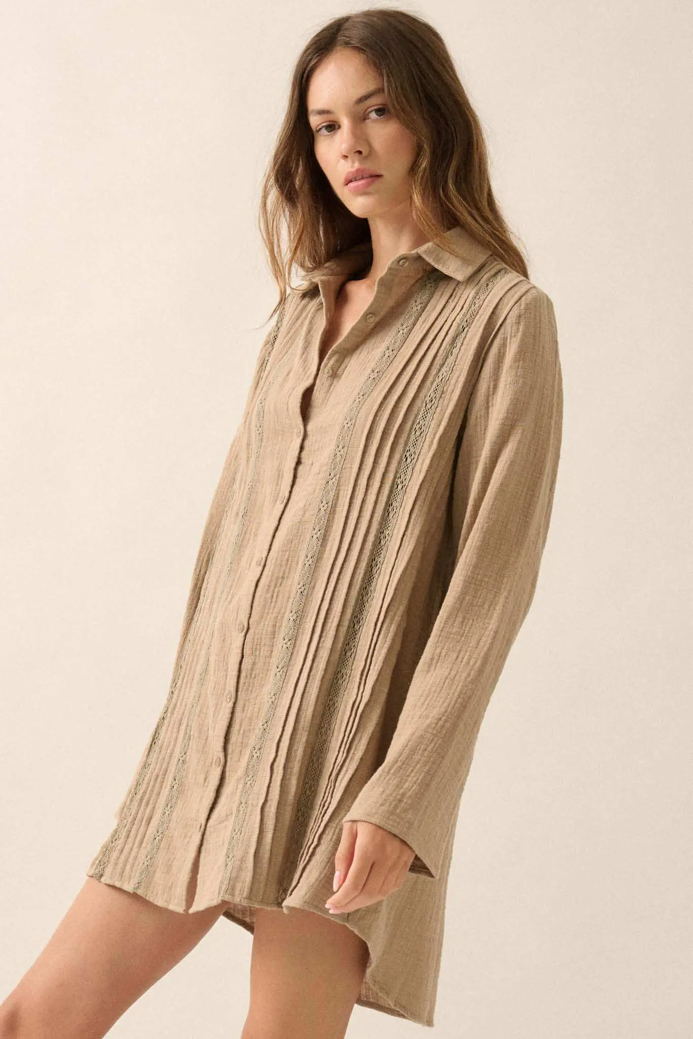 Free to Be Pleated Lace-Trim Mini Shirt Dress - Image 11