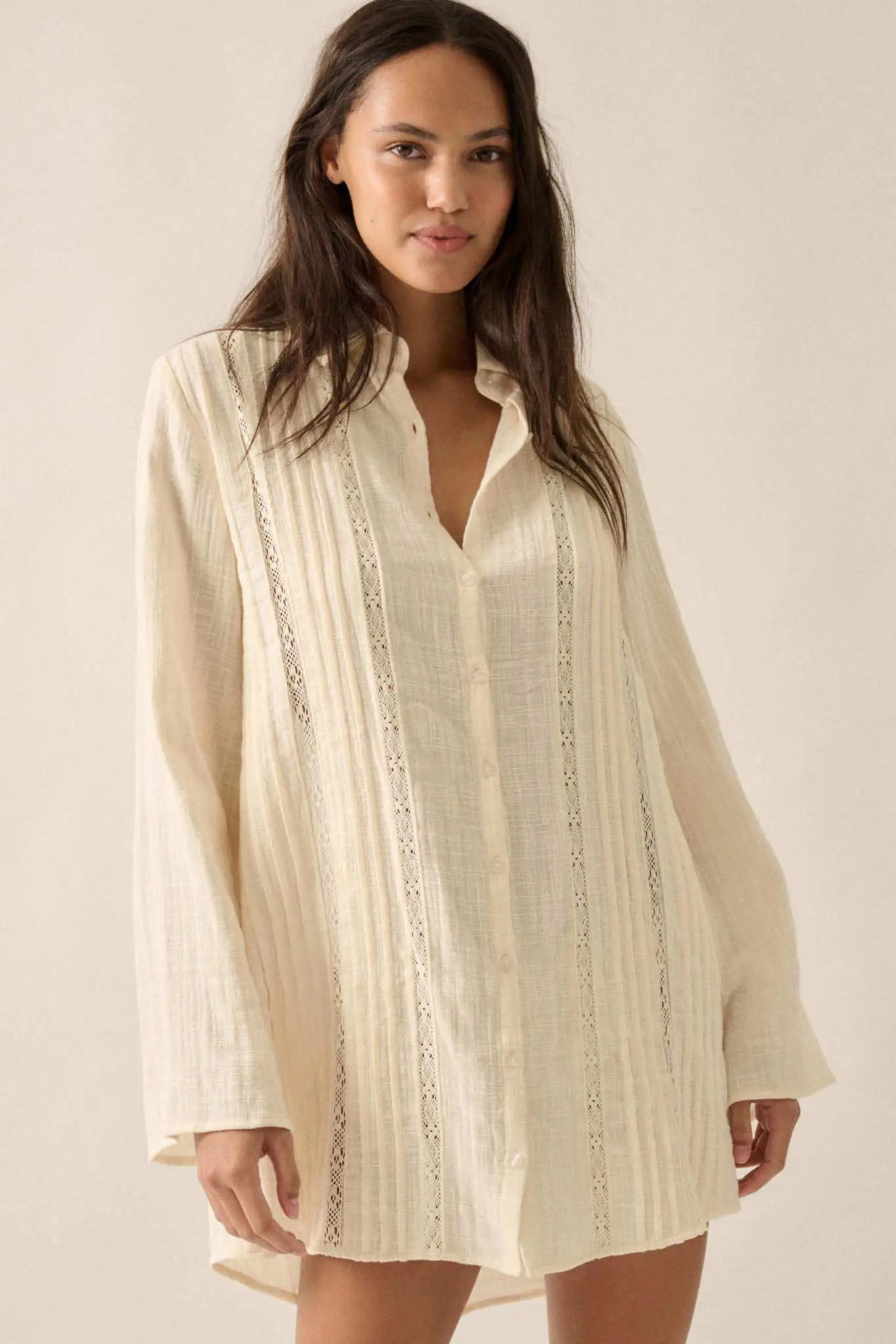 Free to Be Pleated Lace-Trim Mini Shirt Dress - Image 4