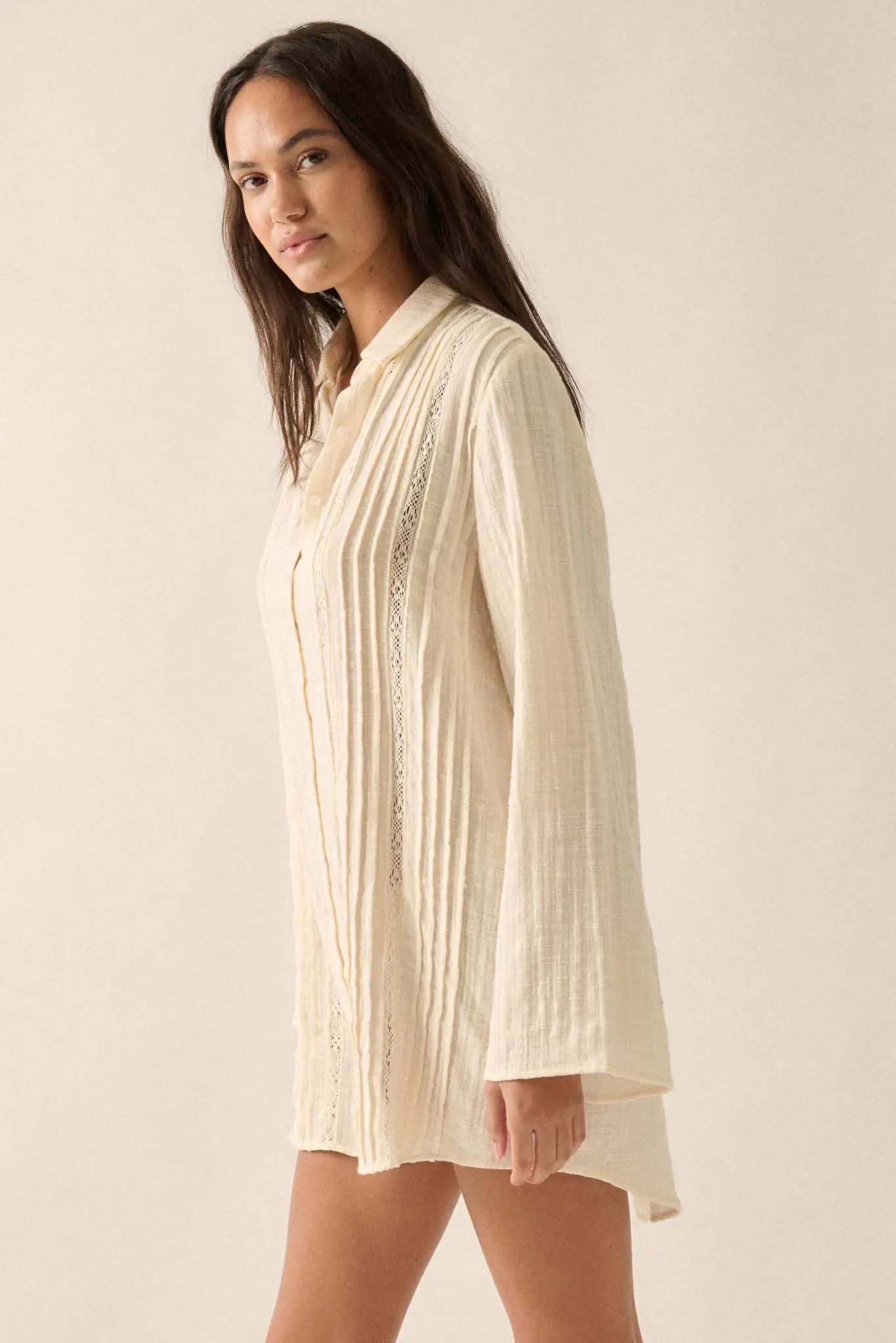 Free to Be Pleated Lace-Trim Mini Shirt Dress - Image 5