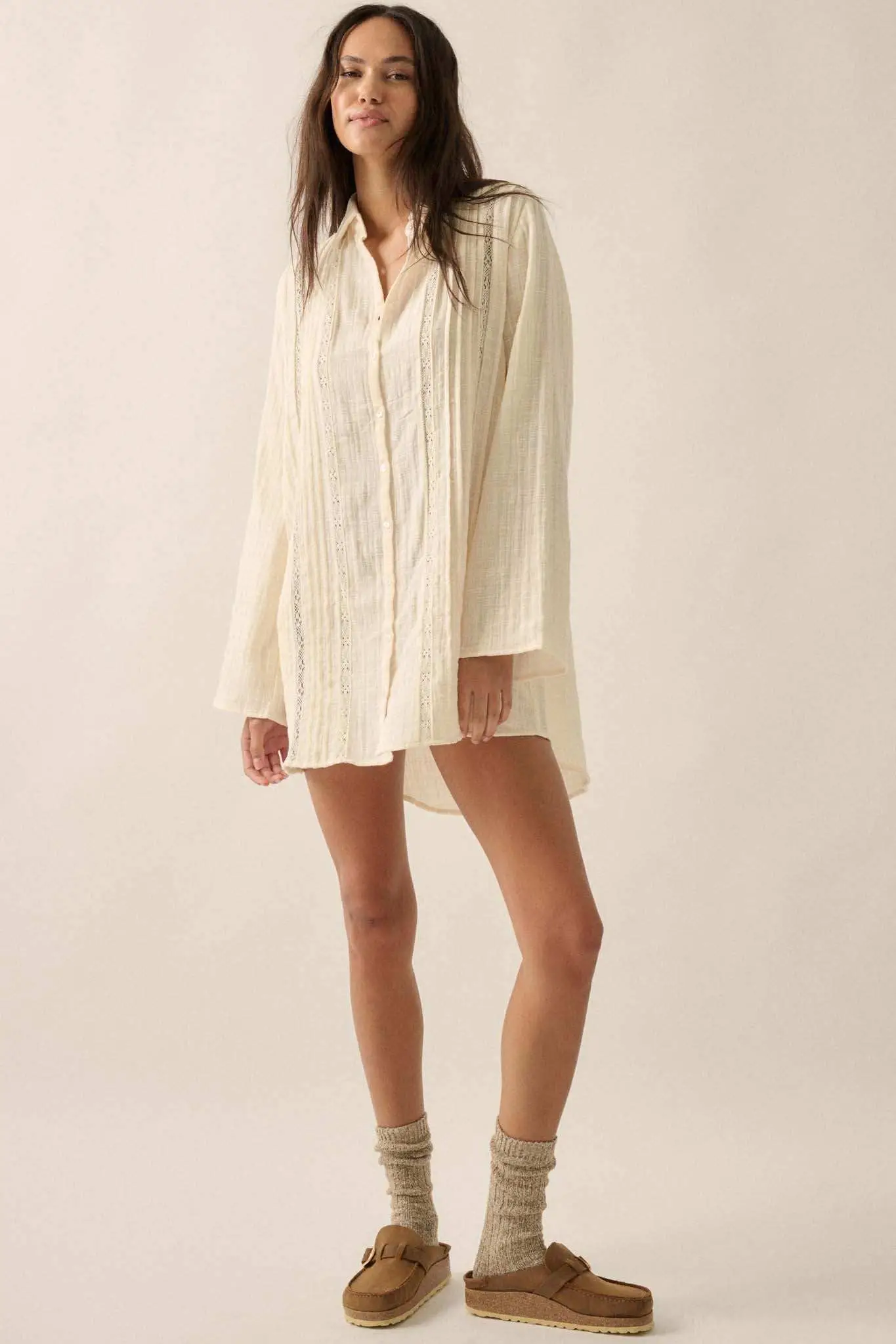 Free to Be Pleated Lace-Trim Mini Shirt Dress - Image 6