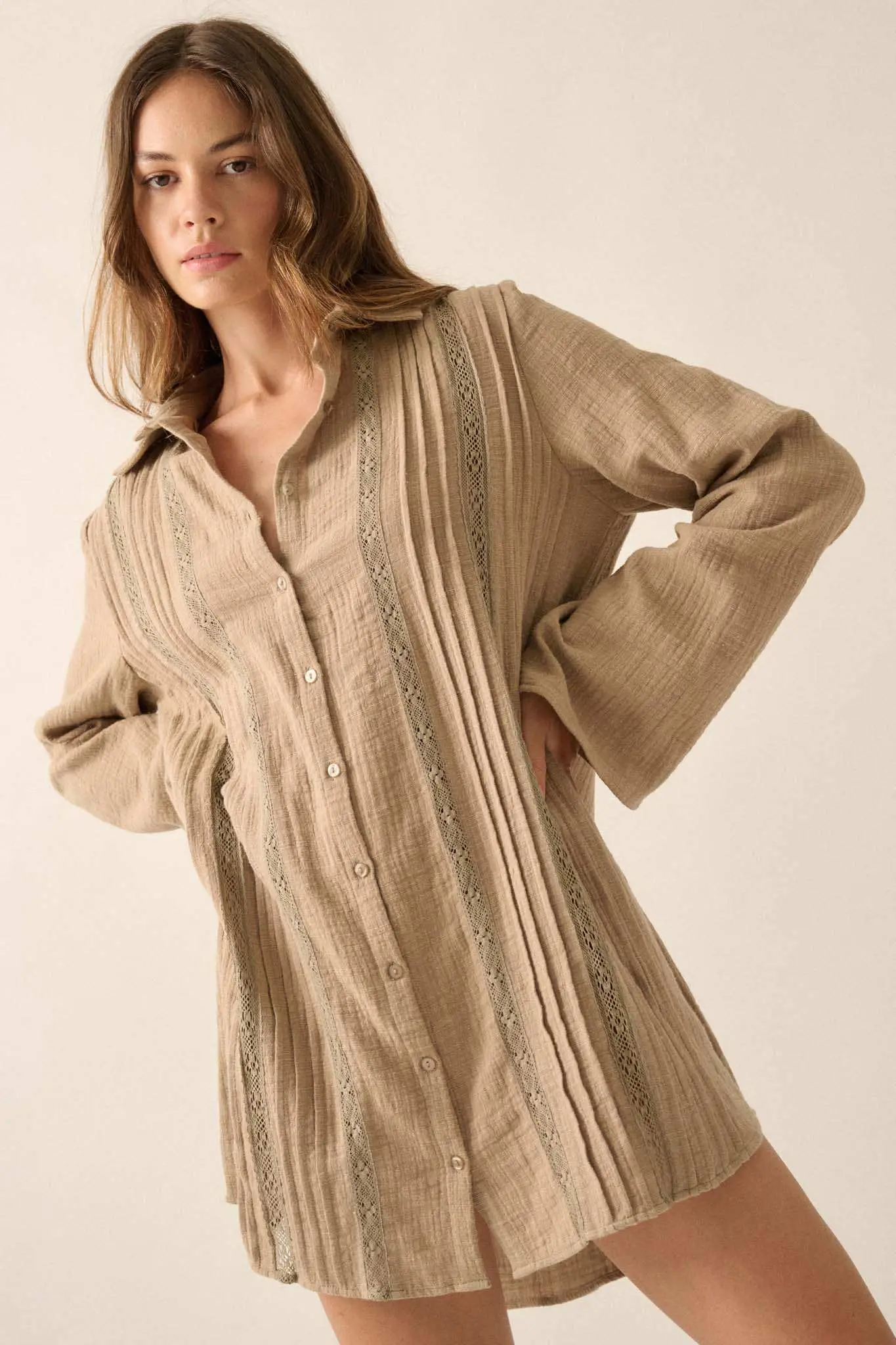 Free to Be Pleated Lace-Trim Mini Shirt Dress - Image 7