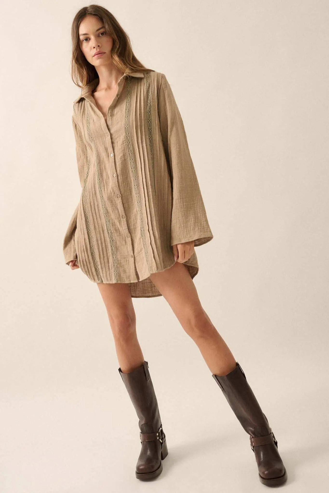 Free to Be Pleated Lace-Trim Mini Shirt Dress - Image 9