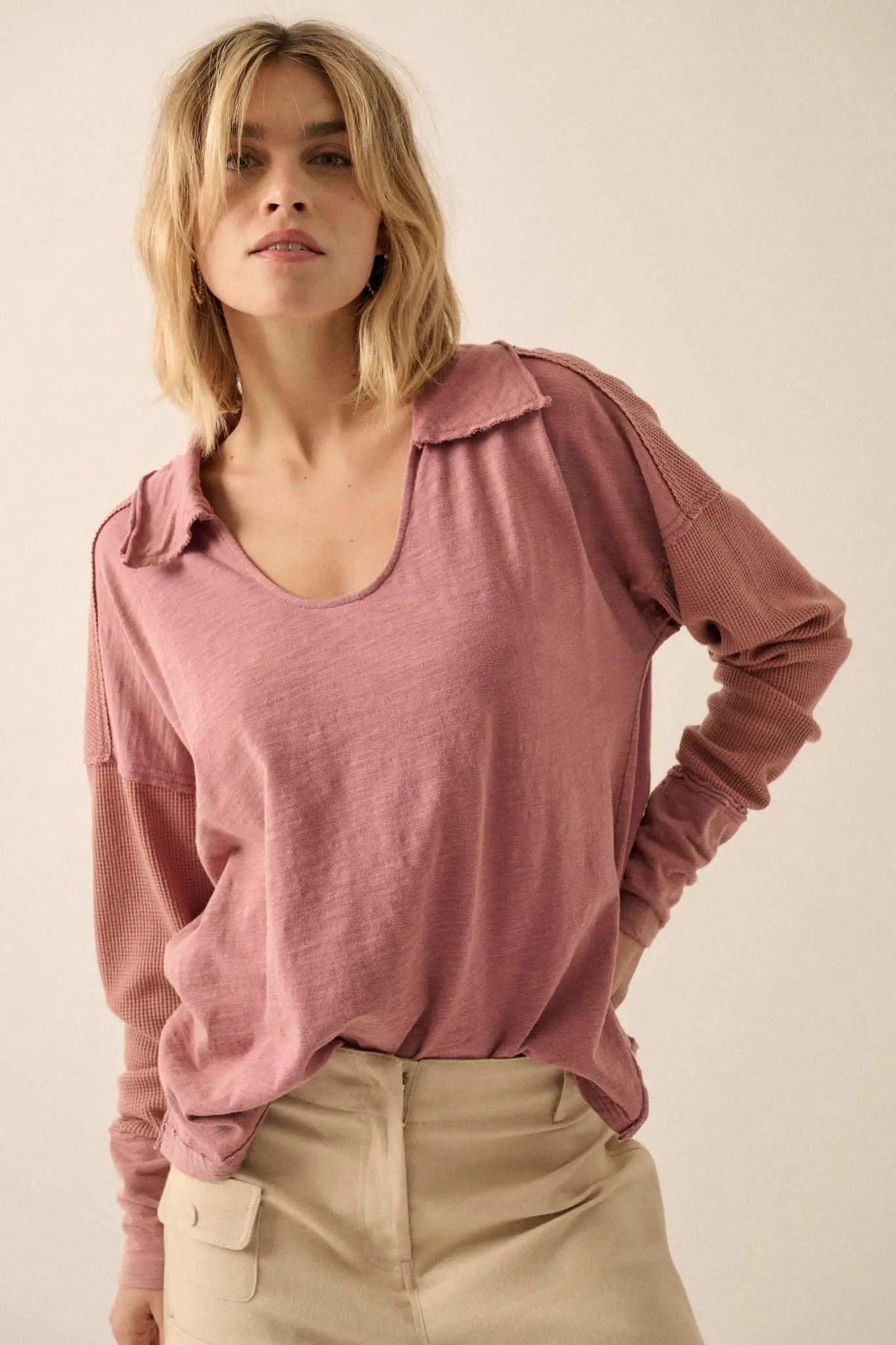 Free Your Mind Mixed Media Collared Waffle Top - Image 3