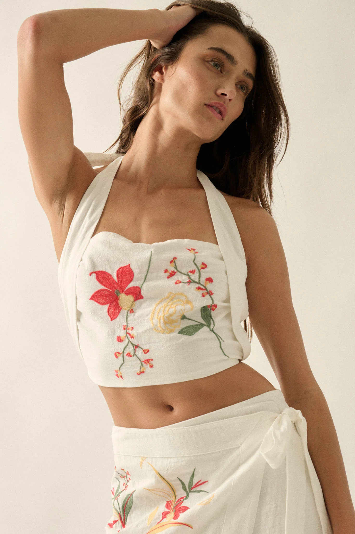 Fresh Flowers Embroidered Cotton Cropped Halter Top - Image 3