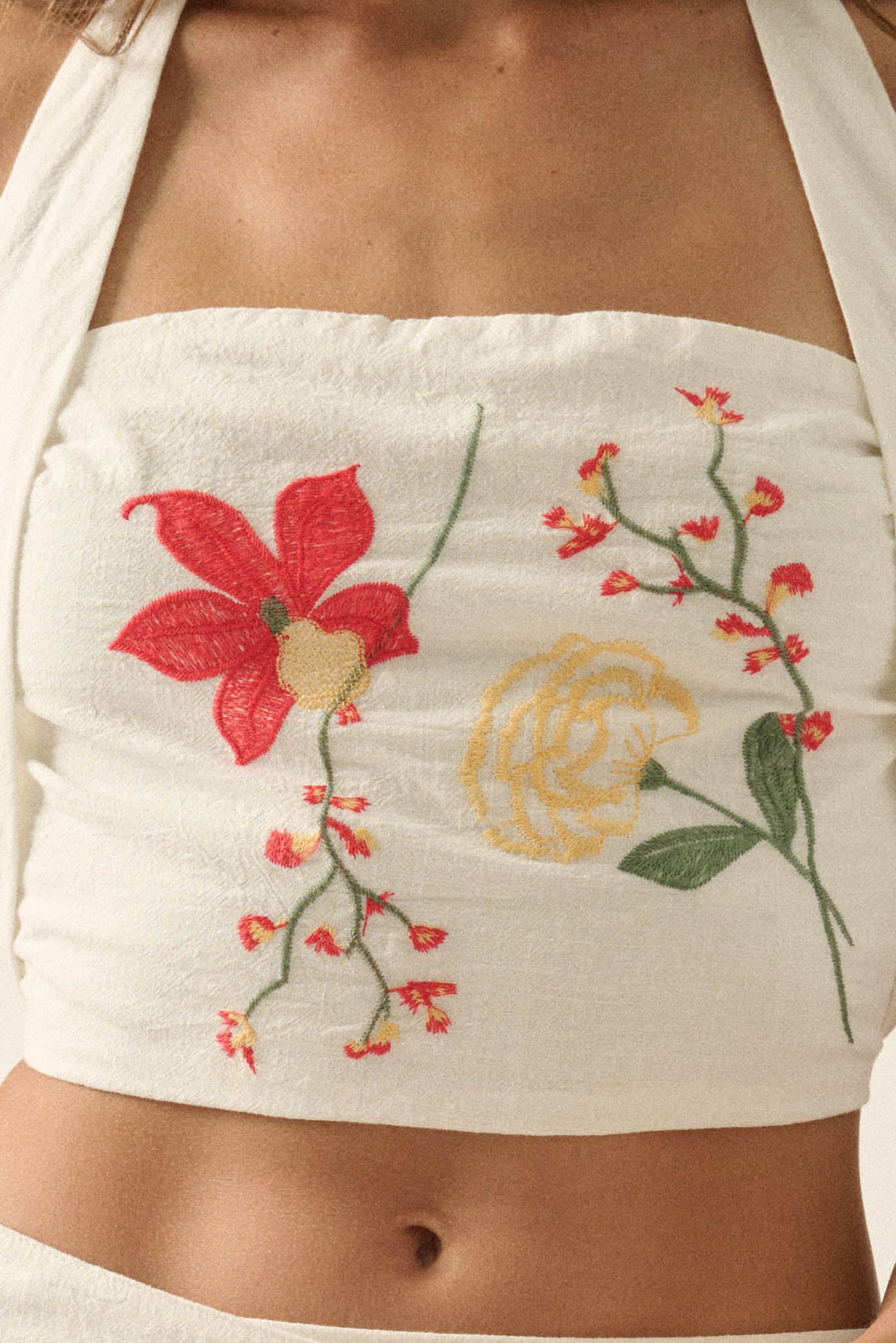 Fresh Flowers Embroidered Cotton Cropped Halter Top - Image 4