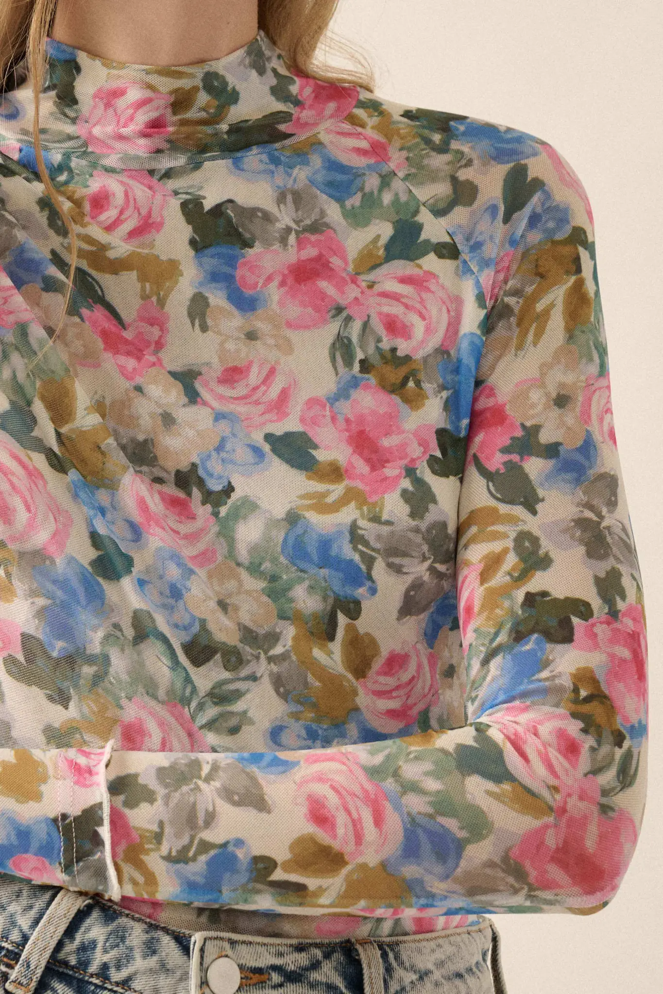 Fresh Picked Floral Mesh Mock-Neck Thumbhole Top - Image 2