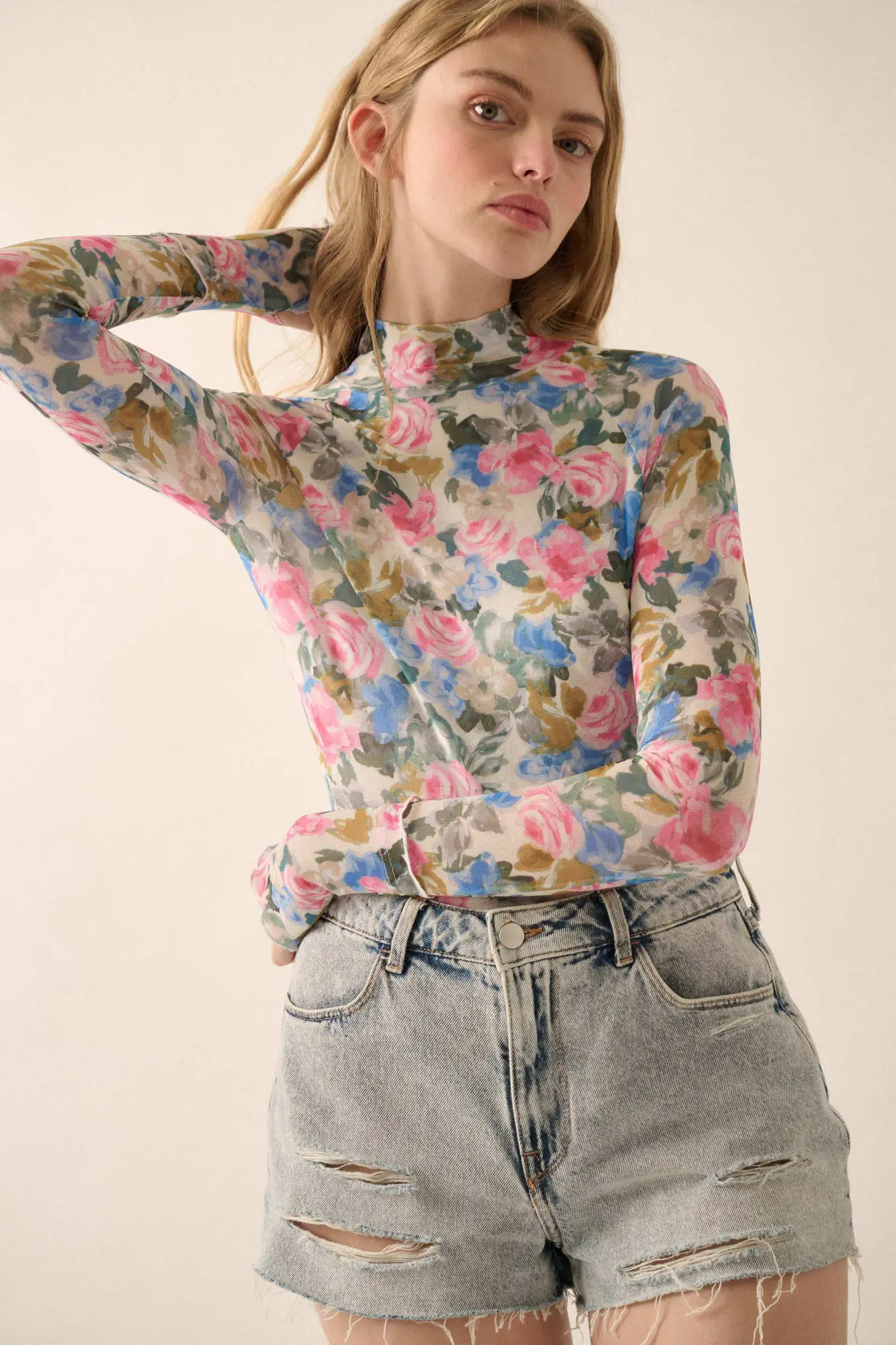 Fresh Picked Floral Mesh Mock-Neck Thumbhole Top - Image 3