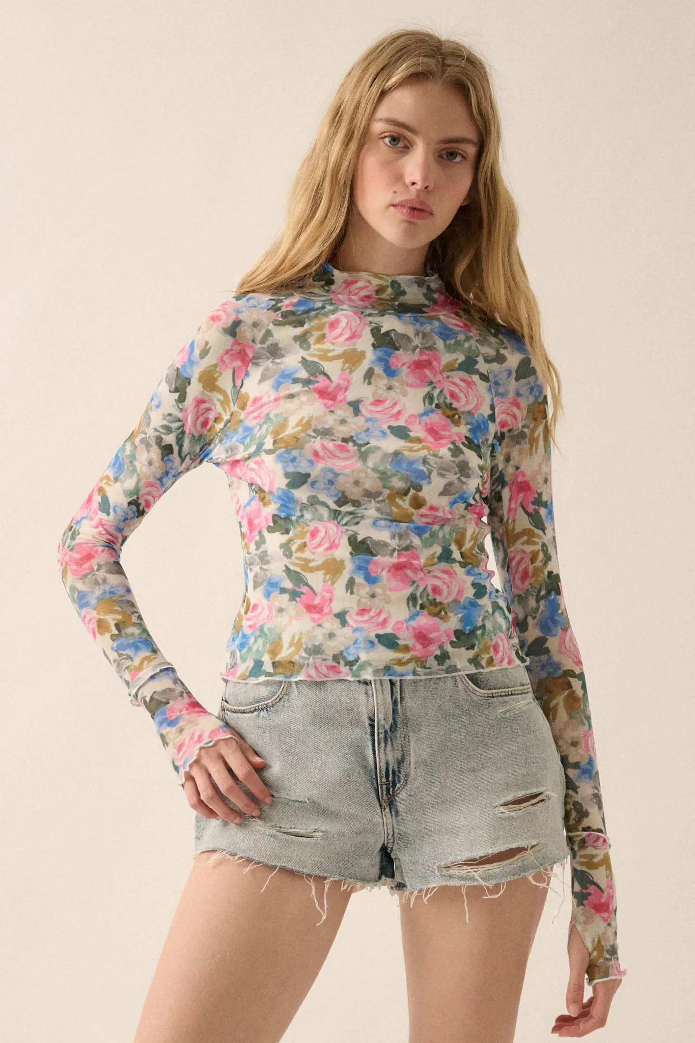 Fresh Picked Floral Mesh Mock-Neck Thumbhole Top - Image 5