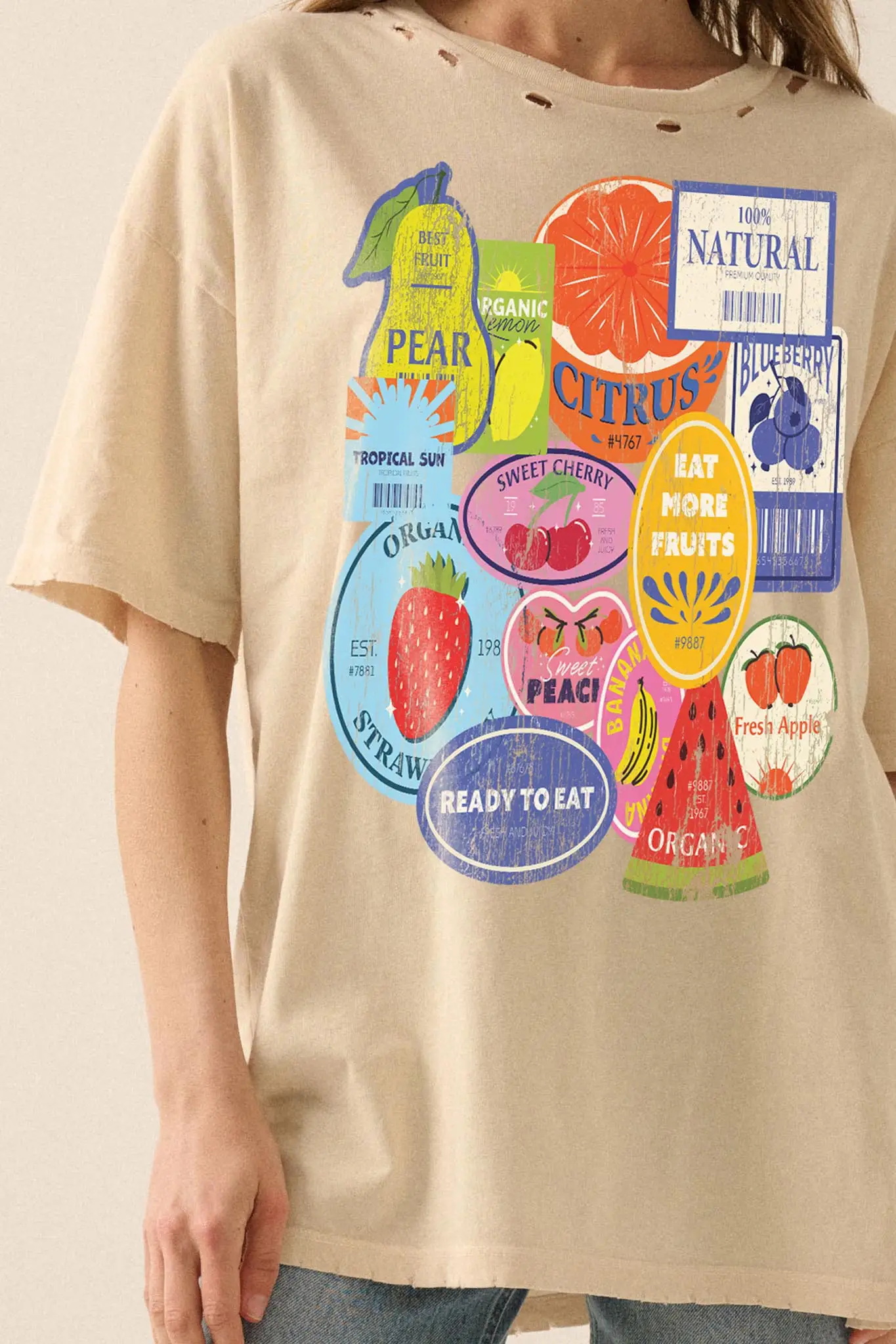 Fruit Stickers Distressed Oversize Graphic Tee - Image 2
