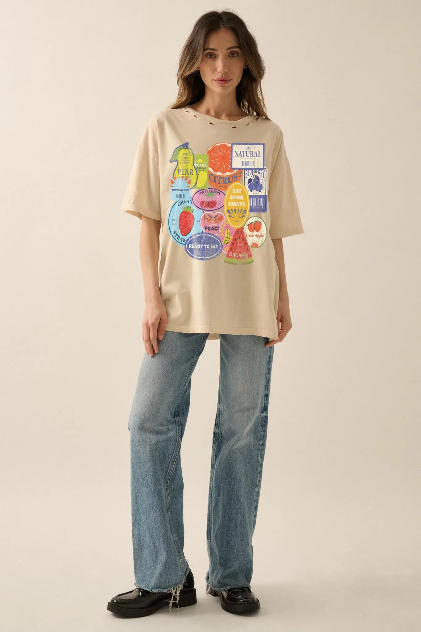 Fruit Stickers Distressed Oversize Graphic Tee - Image 4