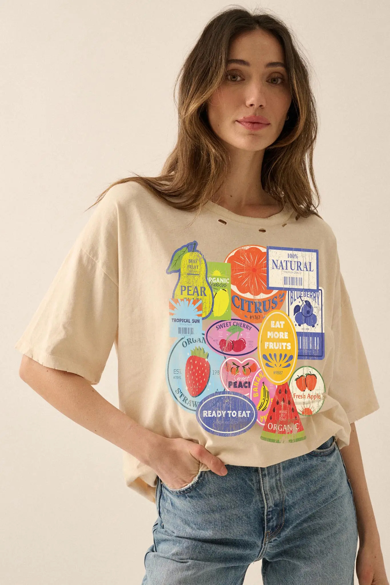 Fruit Stickers Distressed Oversize Graphic Tee - Image 5