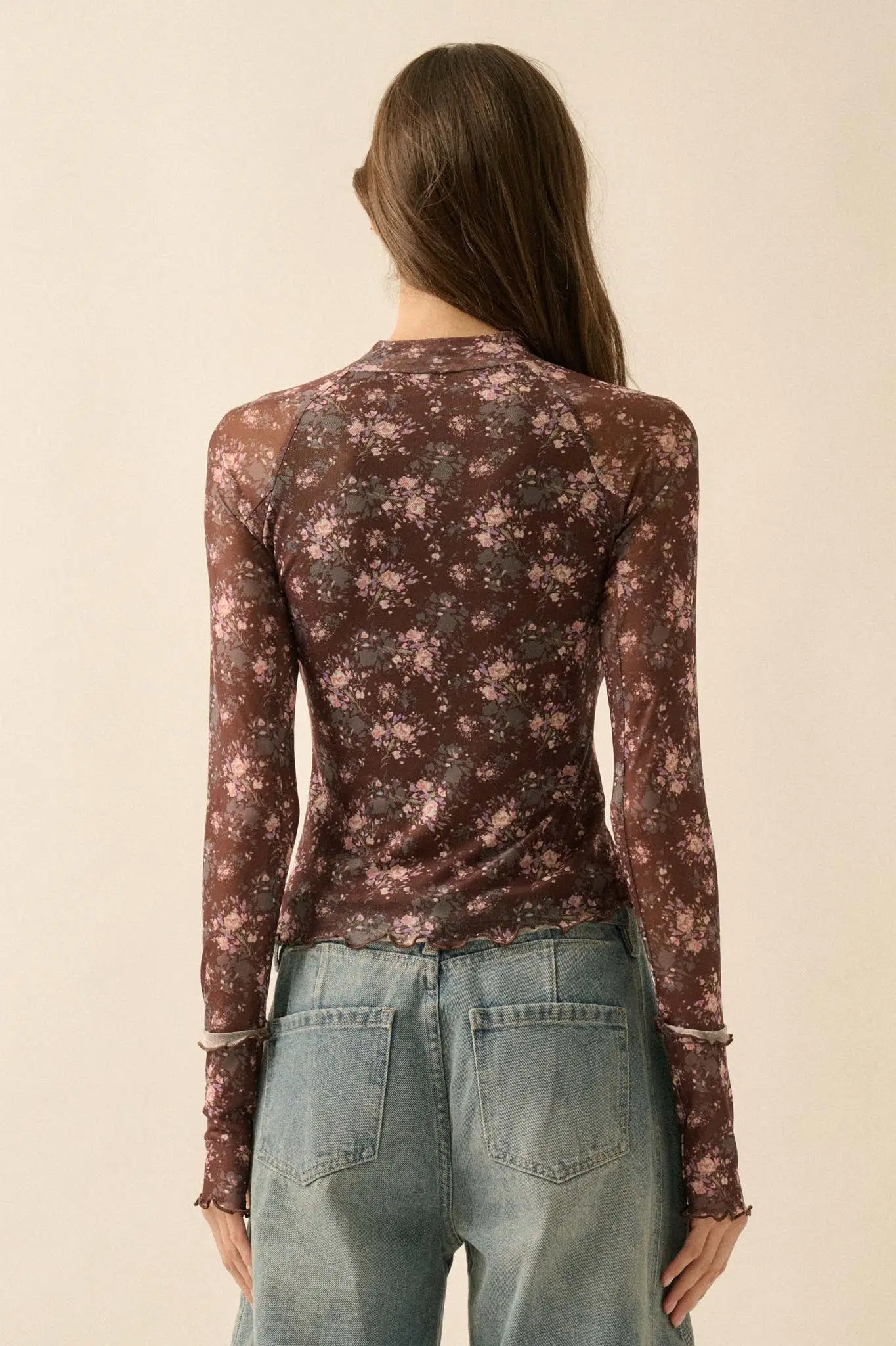 Full Flower Floral Mesh Mock-Neck Thumbhole Top - Image 2