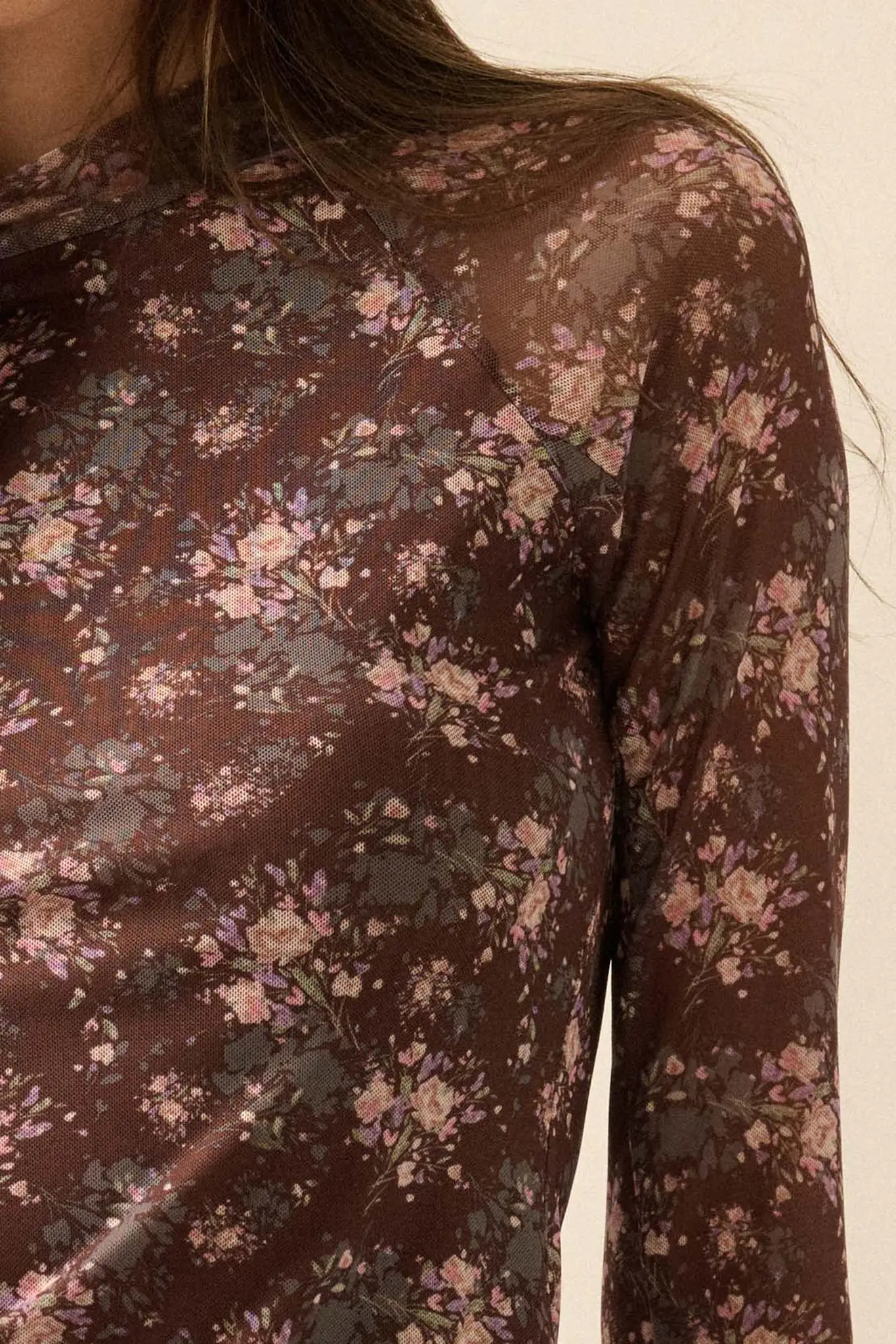Full Flower Floral Mesh Mock-Neck Thumbhole Top - Image 4