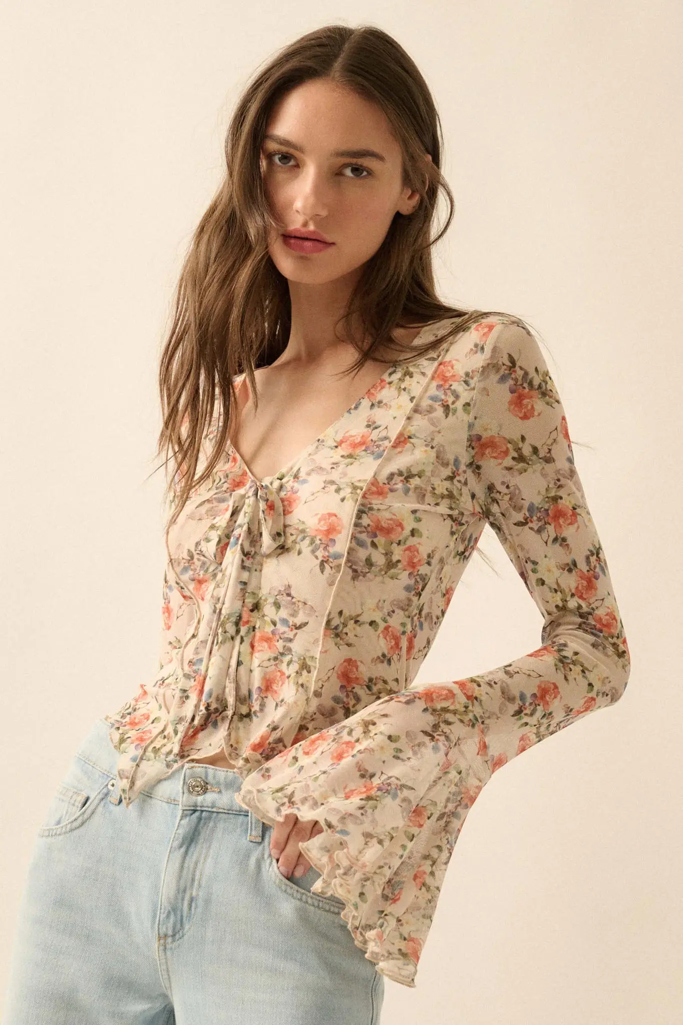 Garden Beauty Floral Mesh Bell-Sleeve Top - Image 10