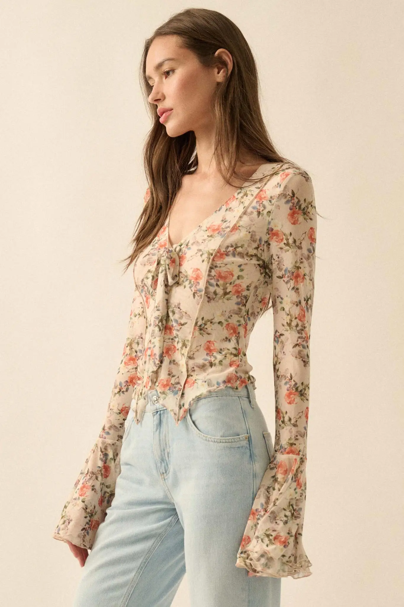 Garden Beauty Floral Mesh Bell-Sleeve Top - Image 11