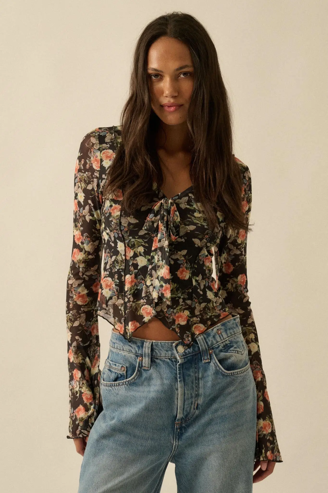 Garden Beauty Floral Mesh Bell-Sleeve Top - Image 3