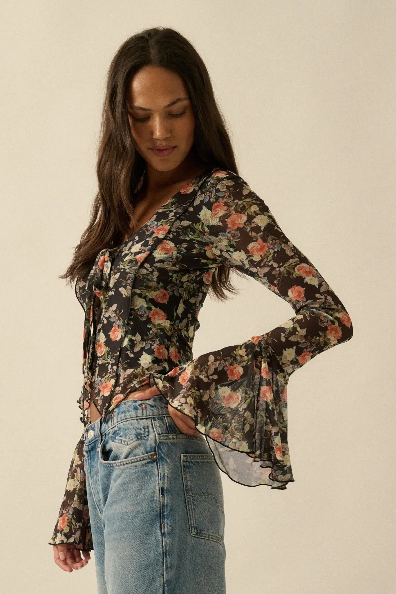 Garden Beauty Floral Mesh Bell-Sleeve Top - Image 6