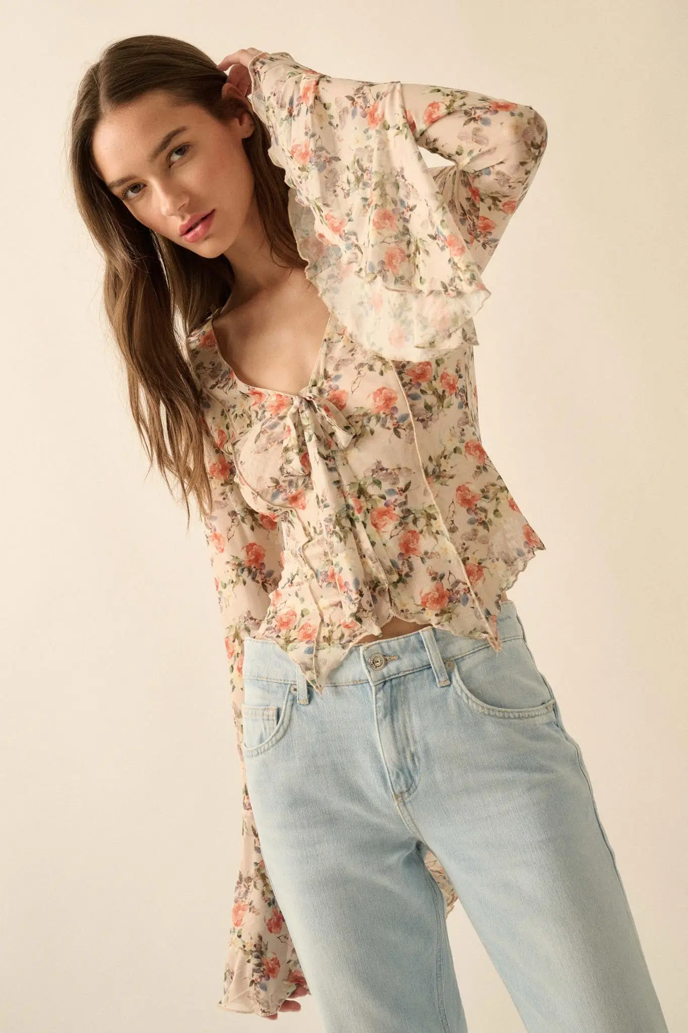Garden Beauty Floral Mesh Bell-Sleeve Top - Image 7